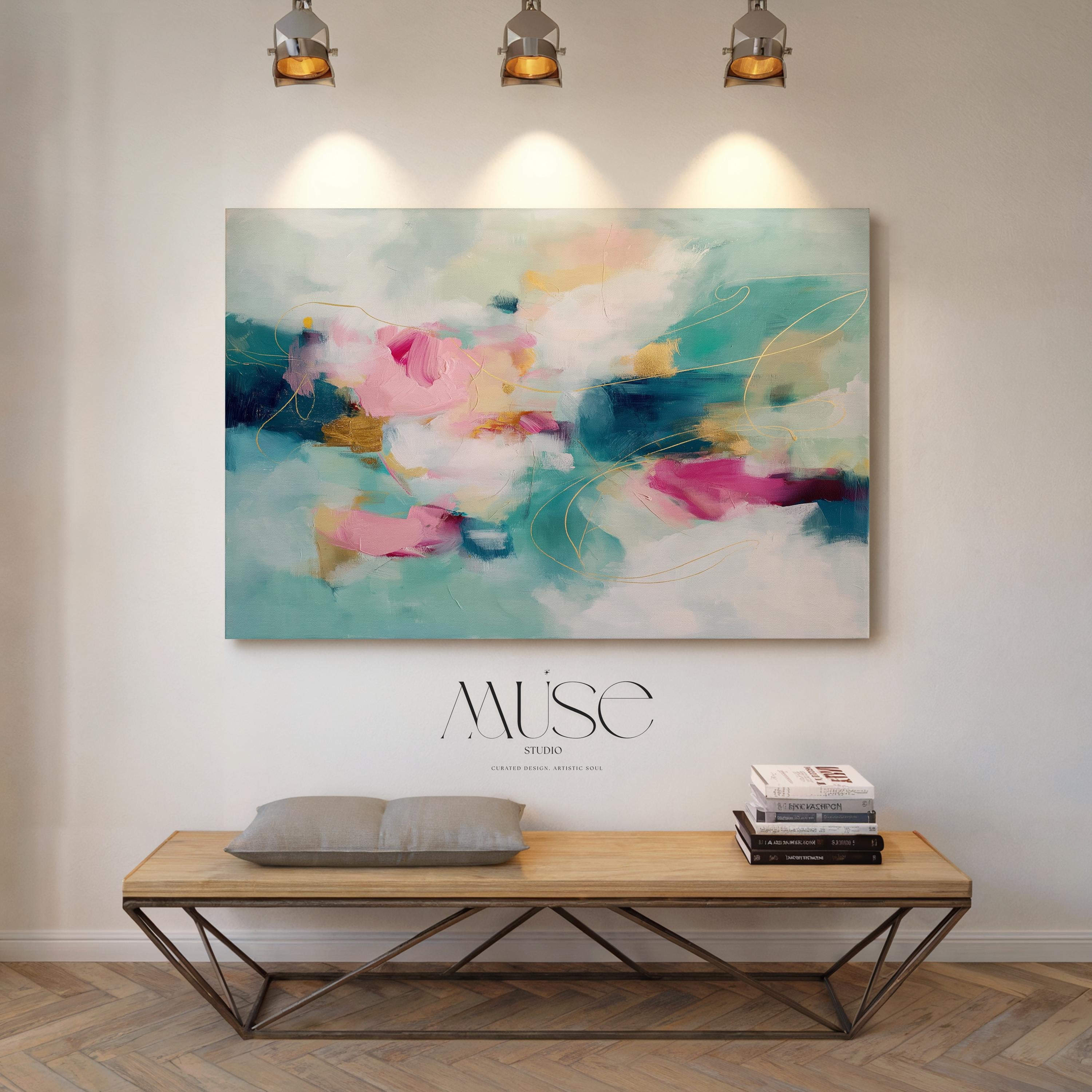 Pink and Teal Canvas Wall Art, Horizontal Abstract Painting, Oversized Dreamy Bedroom Decor, Warm Minimalist Statement Artwork, MUSE 497 Stretched Canvas Art Large abstract wall decor on stretched canvas, gallery-wrapped and ready to hang. Perfect for colorful wall art in living rooms, office spaces, and design projects. Giclée canvas print with bold brushwork and vibrant modern style for impactful home decor. Muse Studio Decor Art.