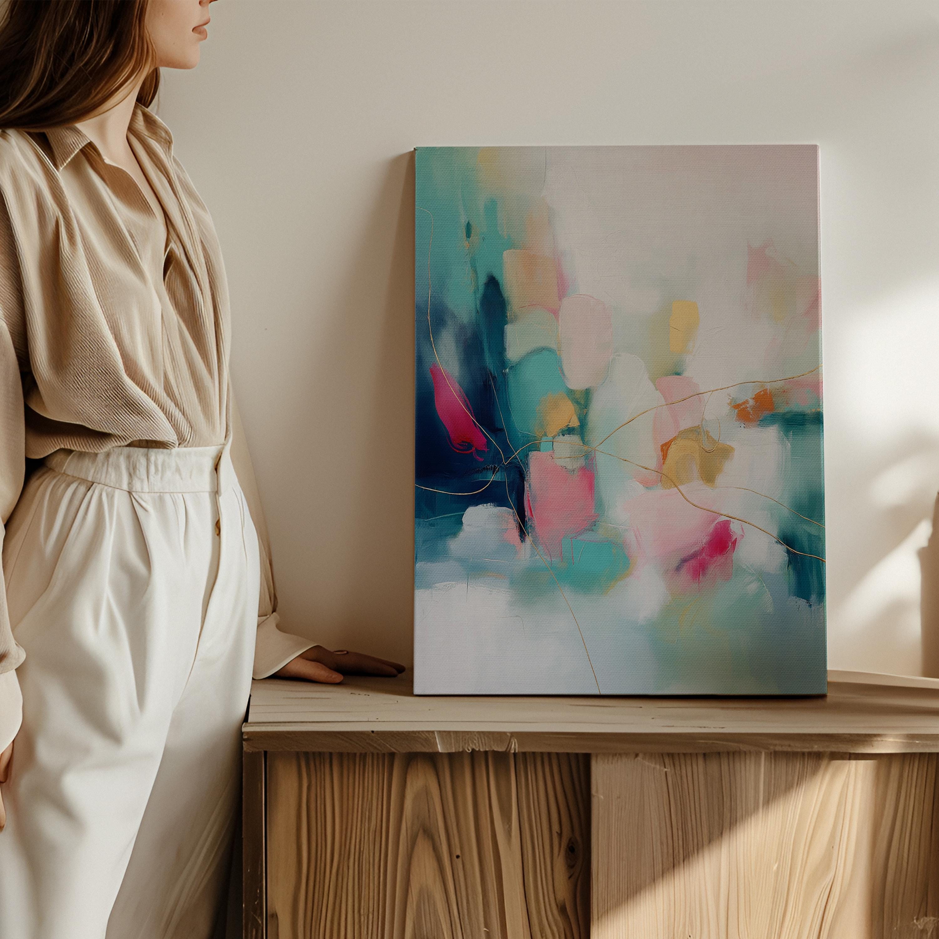 Vertical Abstract Canvas Wall Art, Large Stretched Canvas, Calm Dreamy Bedroom or Entryway Decor, Pink and Teal Color Pop Painting, MUSE 498 Stretched Canvas Art Large abstract wall decor on stretched canvas, gallery-wrapped and ready to hang. Perfect for colorful wall art in living rooms, office spaces, and design projects. Giclée canvas print with bold brushwork and vibrant modern style for impactful home decor. Muse Studio Decor Art.
