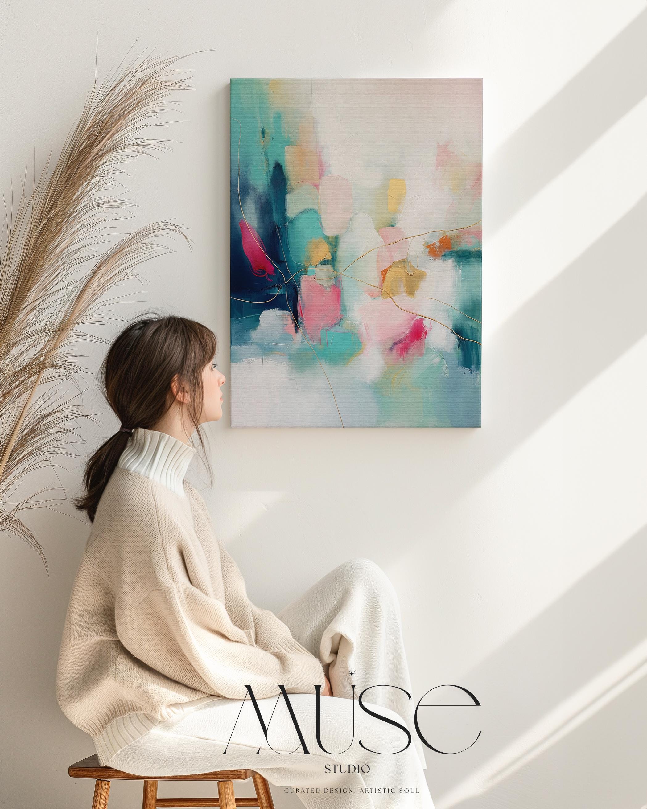 Vertical Abstract Canvas Wall Art, Large Stretched Canvas, Calm Dreamy Bedroom or Entryway Decor, Pink and Teal Color Pop Painting, MUSE 498 Stretched Canvas Art Large abstract wall decor on stretched canvas, gallery-wrapped and ready to hang. Perfect for colorful wall art in living rooms, office spaces, and design projects. Giclée canvas print with bold brushwork and vibrant modern style for impactful home decor. Muse Studio Decor Art.