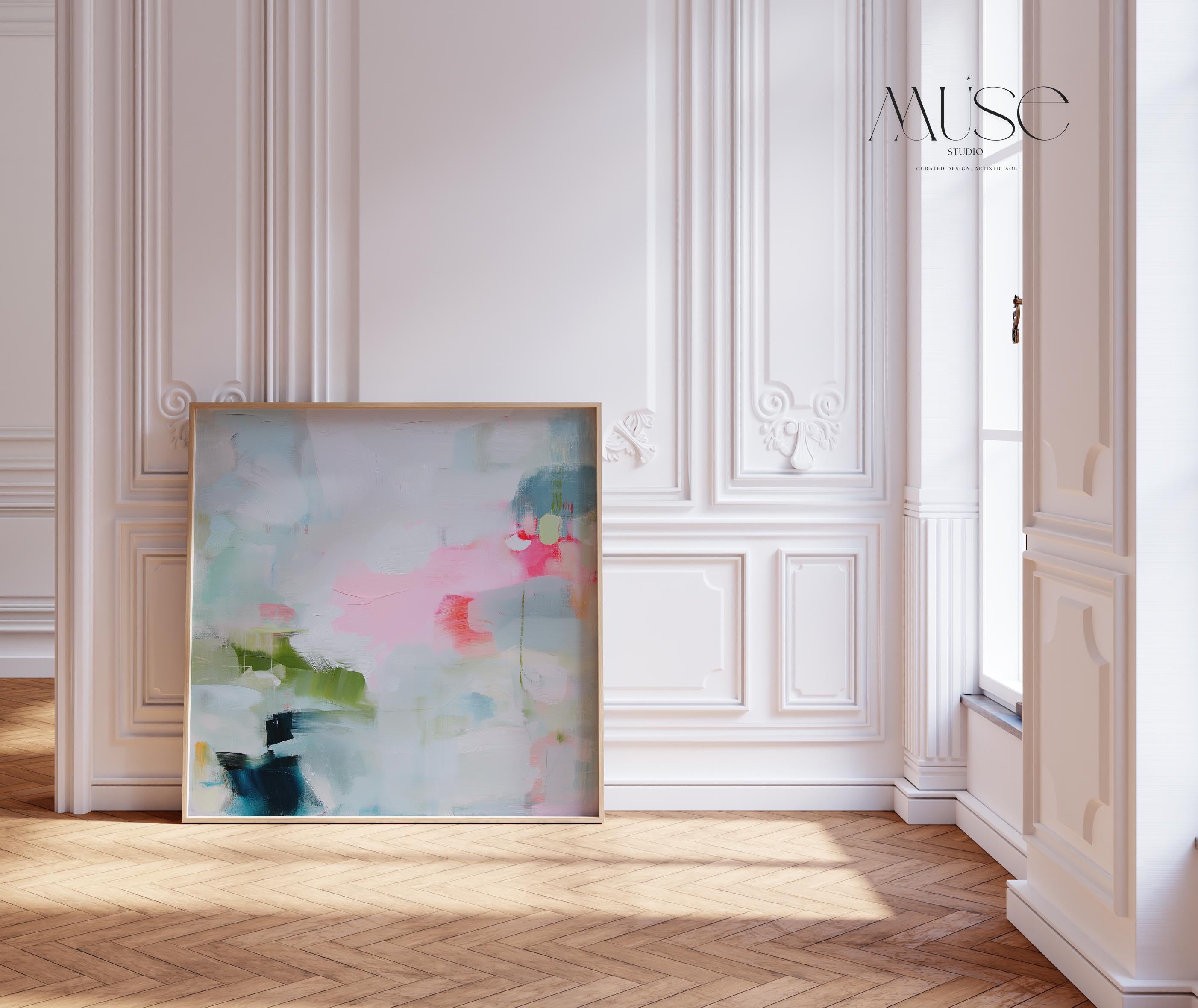 Blush and Sage Abstract Art Print, Square Fine Art Poster, Olive and Navy Wall Decor, XL Dreamy Bedroom or Office Print, MUSE 373 Square fine art poster print in blush, sage, olive, and navy tones. Displayed in a sunlit minimalist space with natural wood frame — ideal for dreamy bedrooms and modern interiors.