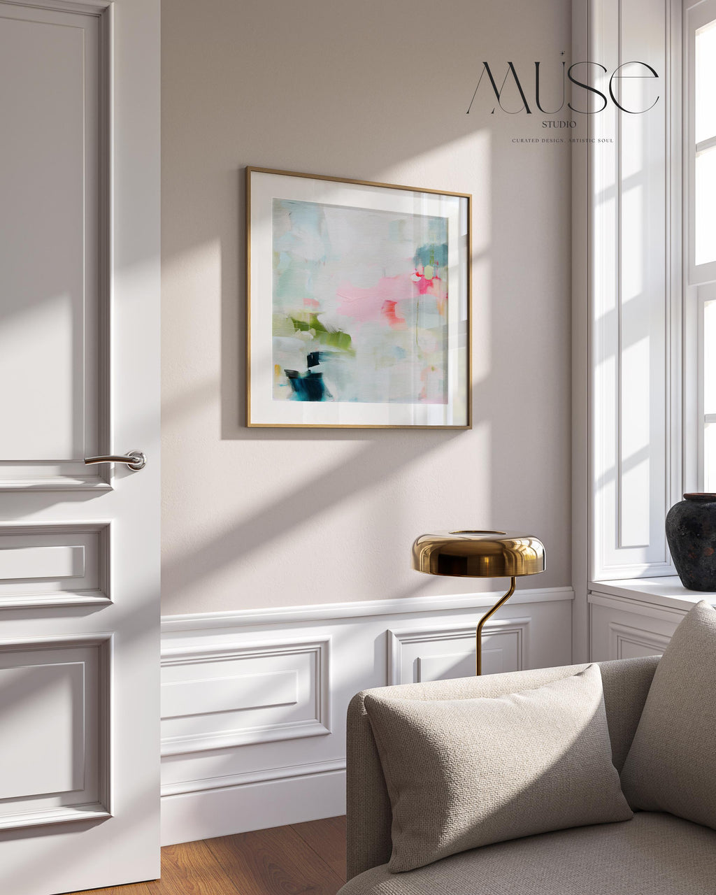 Blush and Sage Abstract Art Print, Square Fine Art Poster, Olive and Navy Wall Decor, XL Dreamy Bedroom or Office Print, MUSE 373 Square fine art poster print in blush, sage, olive, and navy tones. Displayed in a sunlit minimalist space with natural wood frame — ideal for dreamy bedrooms and modern interiors.