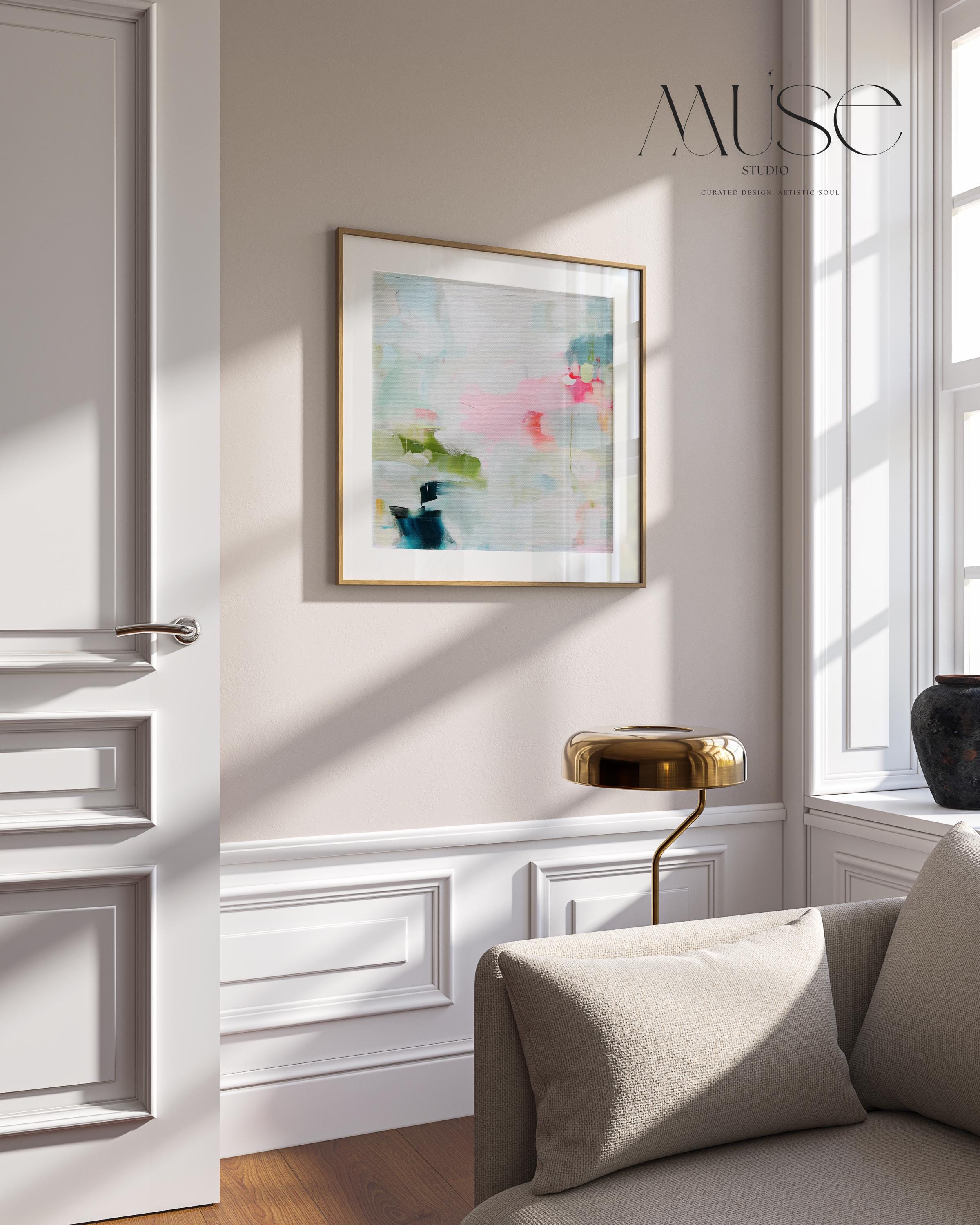 Blush and Sage Abstract Art Print, Square Fine Art Poster, Olive and Navy Wall Decor, XL Dreamy Bedroom or Office Print, MUSE 373 Square fine art poster print in blush, sage, olive, and navy tones. Displayed in a sunlit minimalist space with natural wood frame — ideal for dreamy bedrooms and modern interiors.