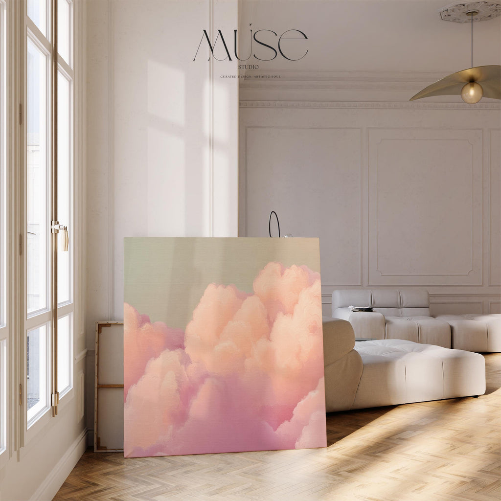 Canvas Wall Art Pink Clouds • Blush Peach Mint • Soft Pastel Muted Abstract • Dreamy Bedroom XL Oversized Wall Decor • by Muse Studio 499