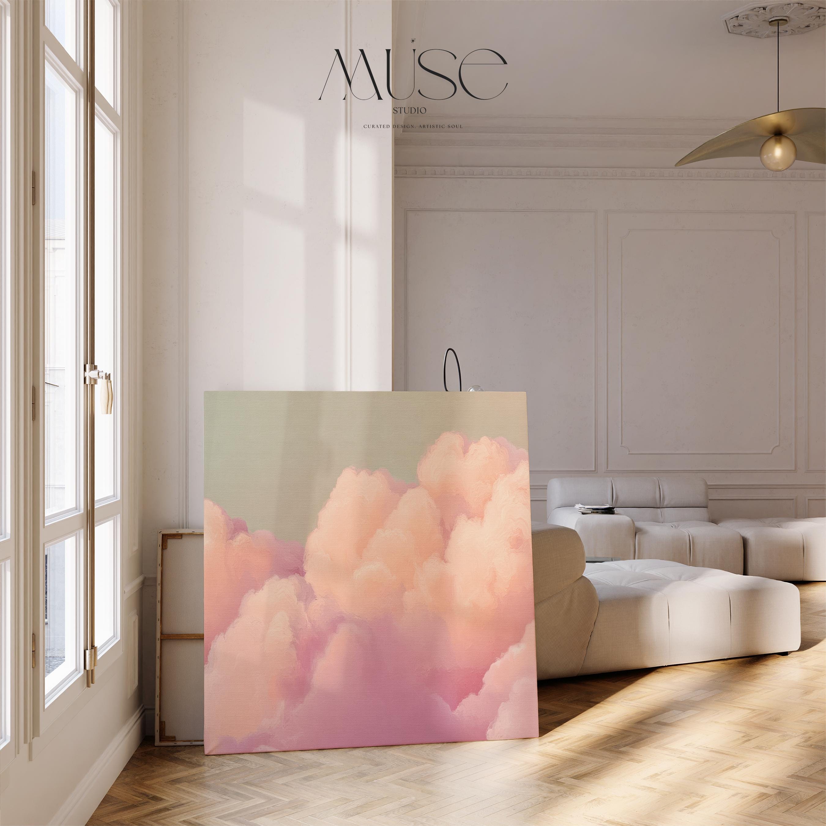 Canvas Wall Art Pink Clouds • Blush Peach Mint • Soft Pastel Muted Abstract • Dreamy Bedroom XL Oversized Wall Decor • by Muse Studio 499