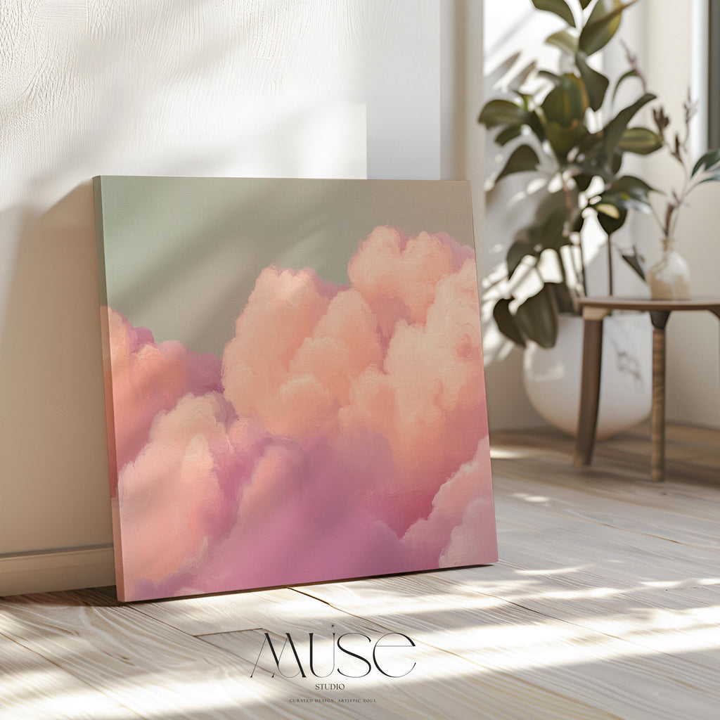 Canvas Wall Art Pink Clouds • Blush Peach Mint • Soft Pastel Muted Abstract • Dreamy Bedroom XL Oversized Wall Decor • by Muse Studio 499