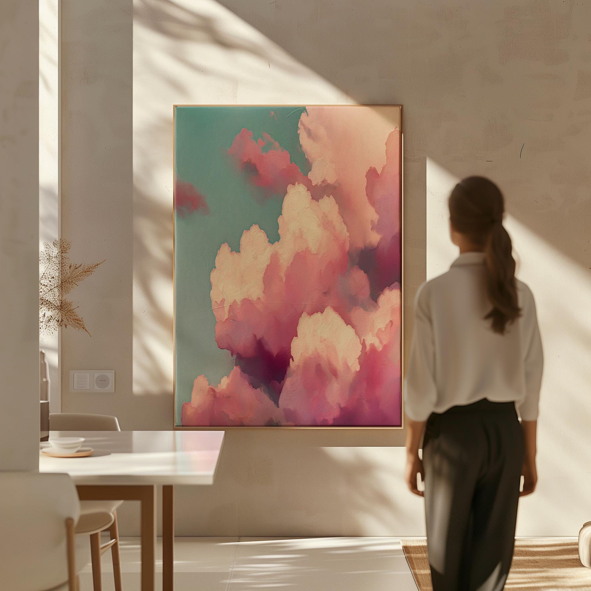 Pink Teal Cloudscape Canvas Wall Art, Floating Framed Abstract Painting, Extra Large Dreamy Bedroom Decor, Maximalist Wall Art • MUSE 509
