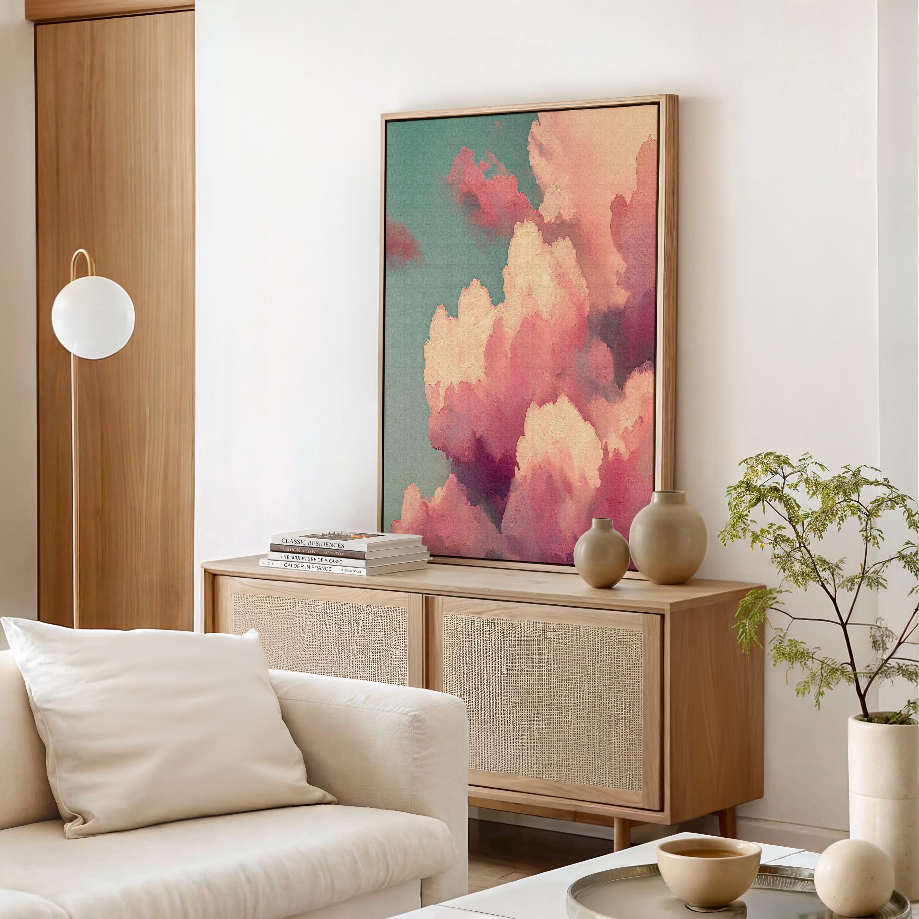 Pink Teal Cloudscape Canvas Wall Art, Floating Framed Abstract Painting, Extra Large Dreamy Bedroom Decor, Maximalist Wall Art • MUSE 509