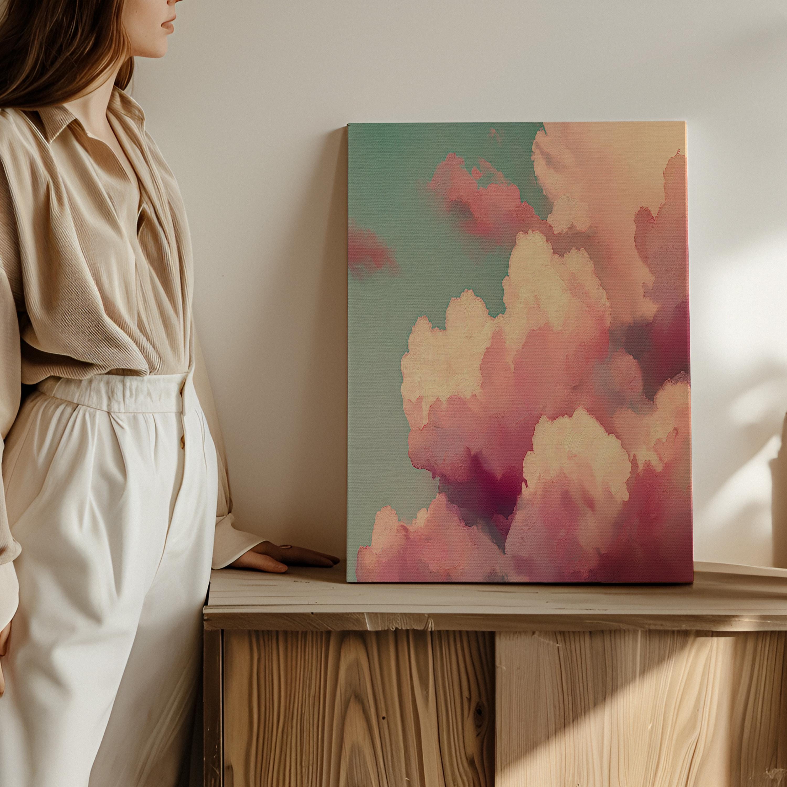 Teal Pink Cloud Dawn Canvas Wall Art, Oversized Abstract Painting on Stretched Canvas, Dreamy Bedroom Decor, Color Pop Wall Art • MUSE 500