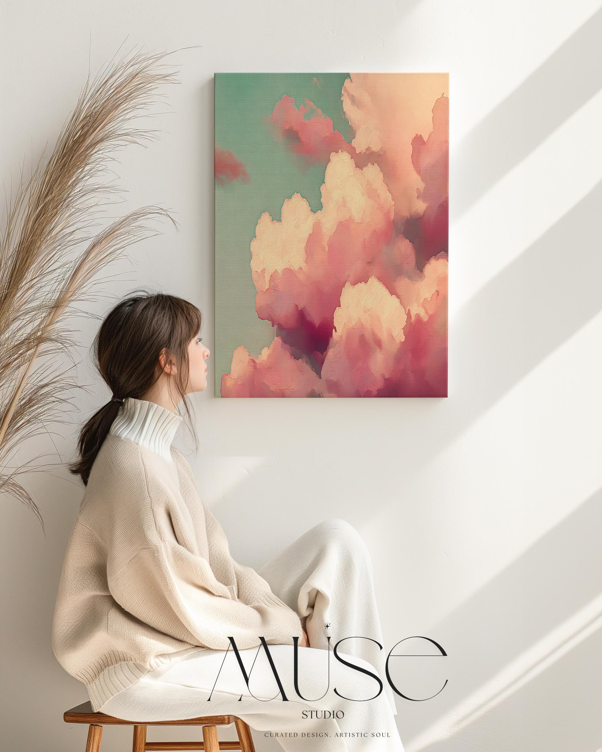Teal Pink Cloud Dawn Canvas Wall Art, Oversized Abstract Painting on Stretched Canvas, Dreamy Bedroom Decor, Color Pop Wall Art • MUSE 500