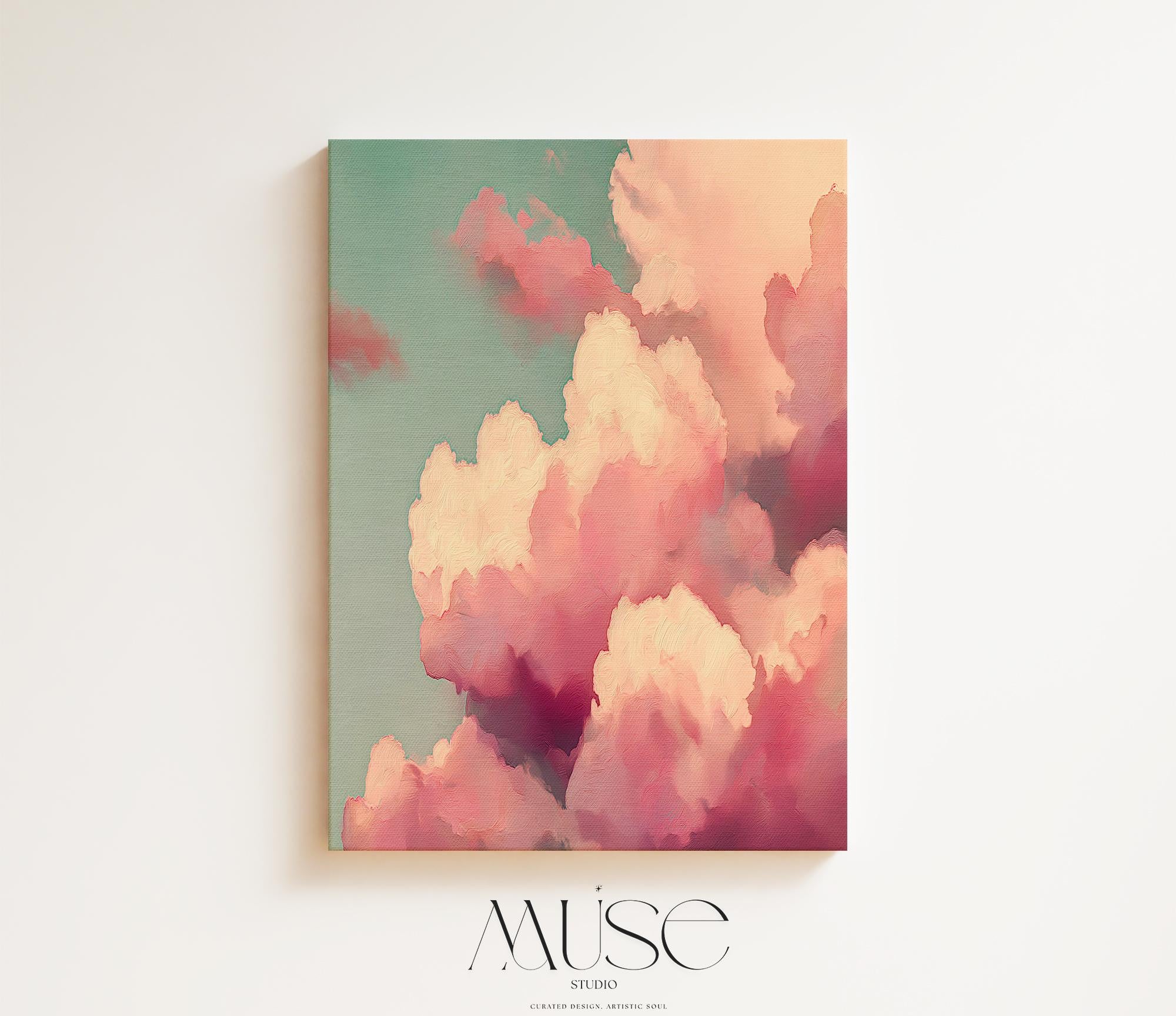 Teal Pink Cloud Dawn Canvas Wall Art, Oversized Abstract Painting on Stretched Canvas, Dreamy Bedroom Decor, Color Pop Wall Art • MUSE 500