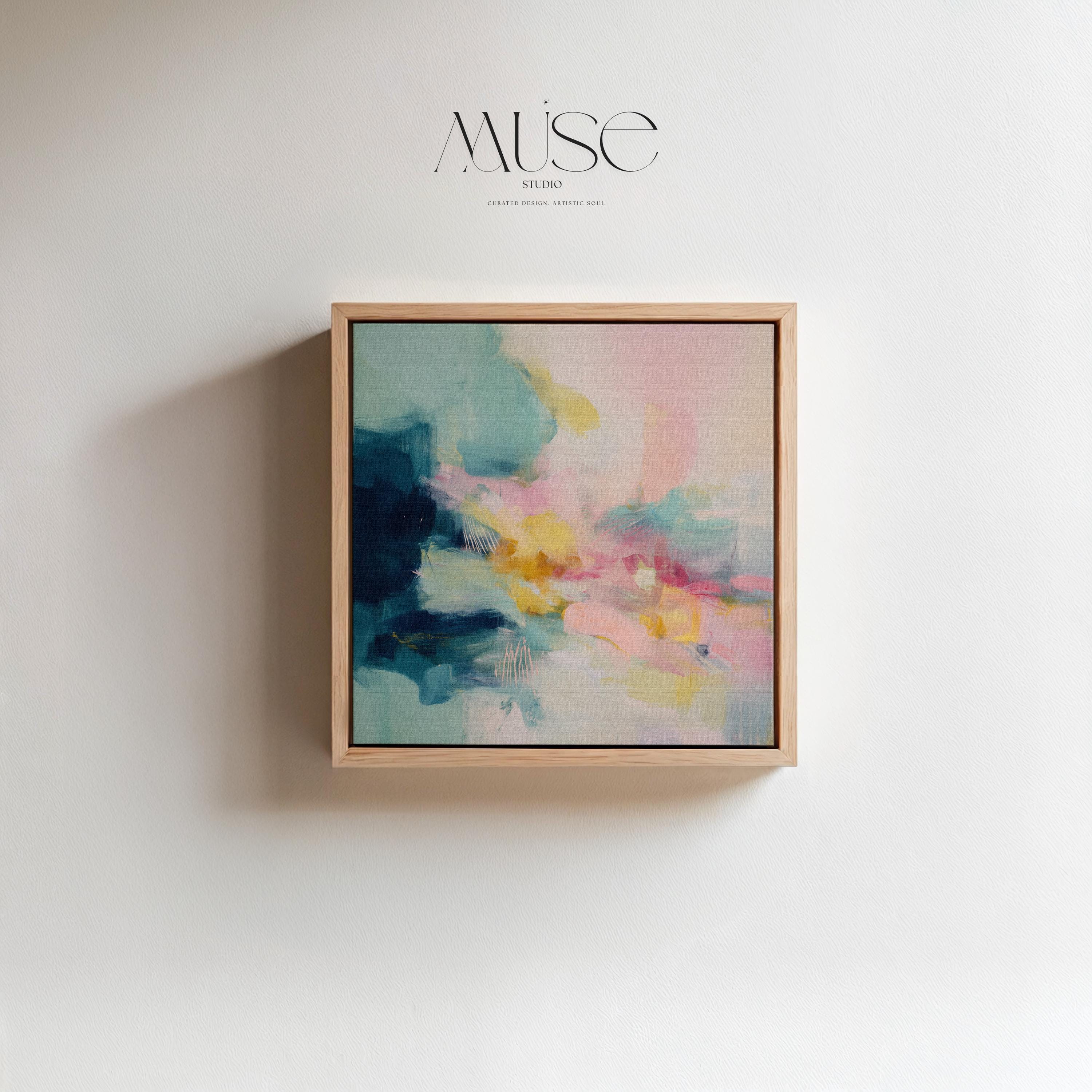 Colorful Abstract Floating Framed Canvas Wall Art, Soft Pastel Brushstroke Painting, Oversized Square Living Room or Studio Decor • MUSE 319