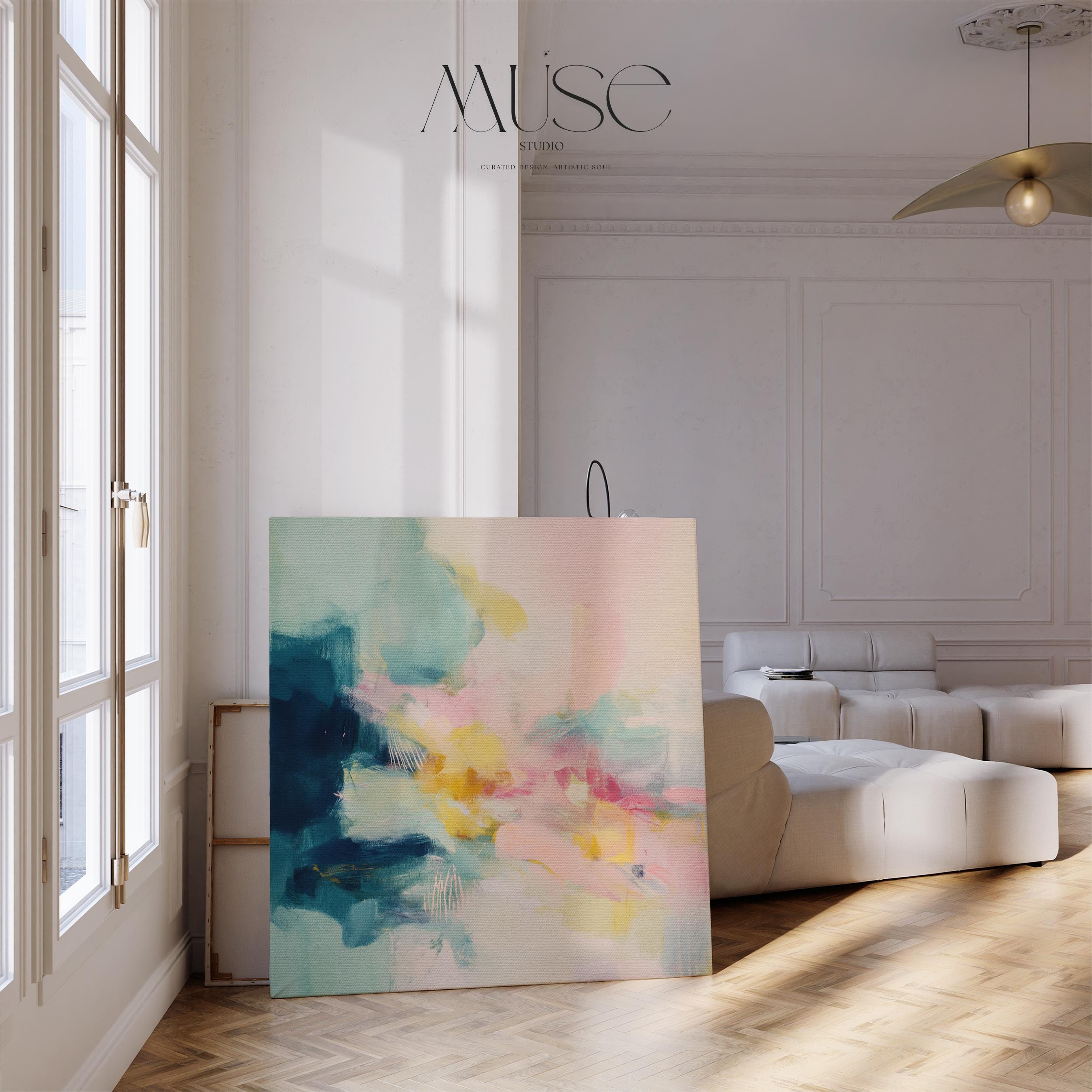 Colorful Abstract Floating Framed Canvas Wall Art, Soft Pastel Brushstroke Painting, Oversized Square Living Room or Studio Decor • MUSE 319