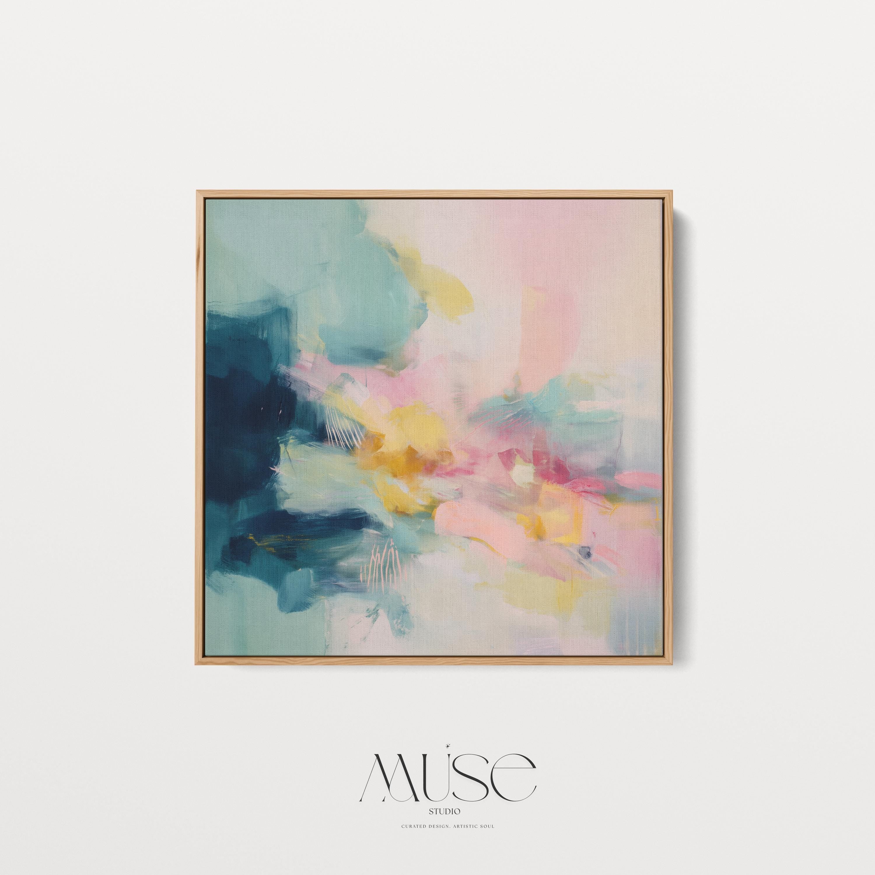 Colorful Abstract Floating Framed Canvas Wall Art, Soft Pastel Brushstroke Painting, Oversized Square Living Room or Studio Decor • MUSE 319