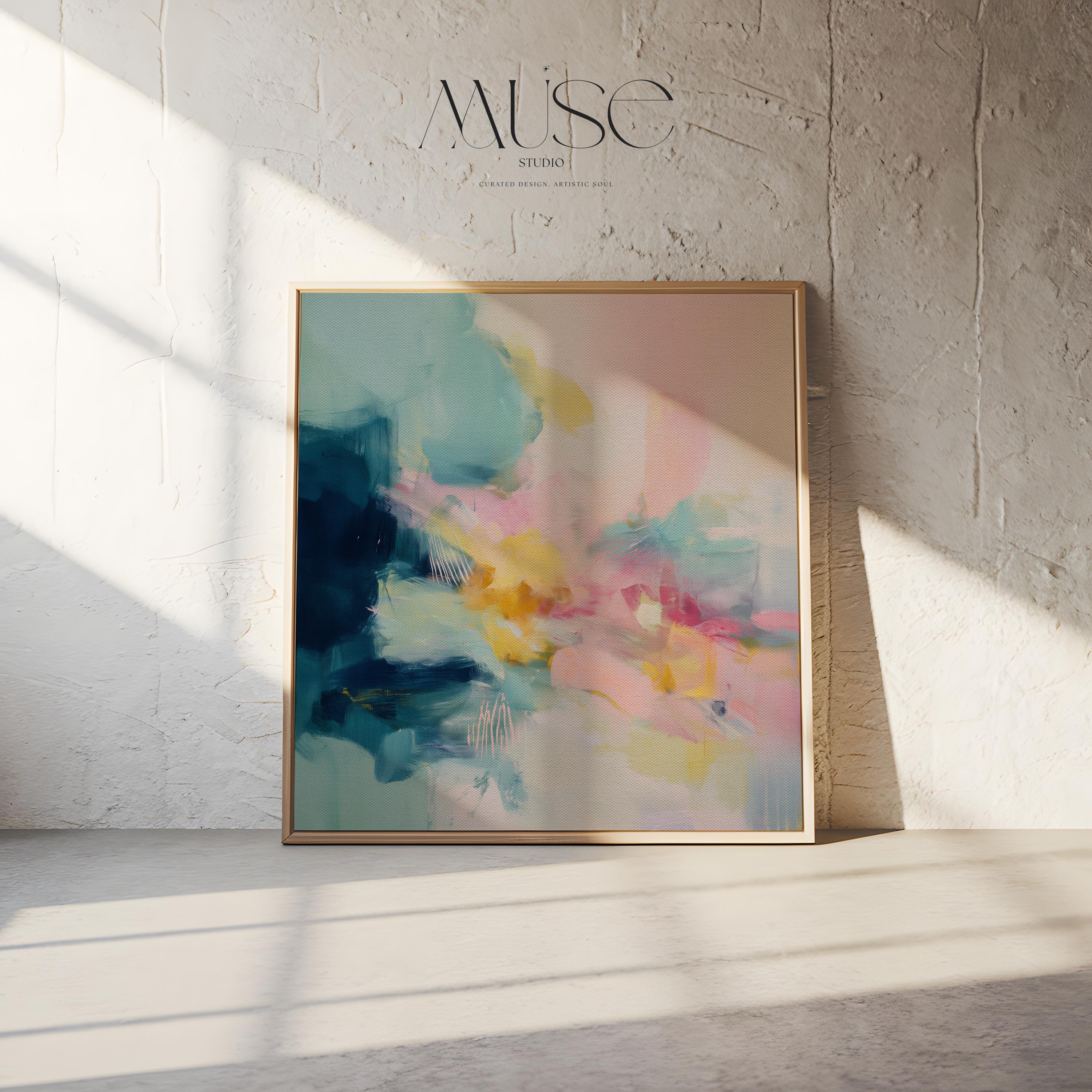 Colorful Abstract Floating Framed Canvas Wall Art, Soft Pastel Brushstroke Painting, Oversized Square Living Room or Studio Decor • MUSE 319