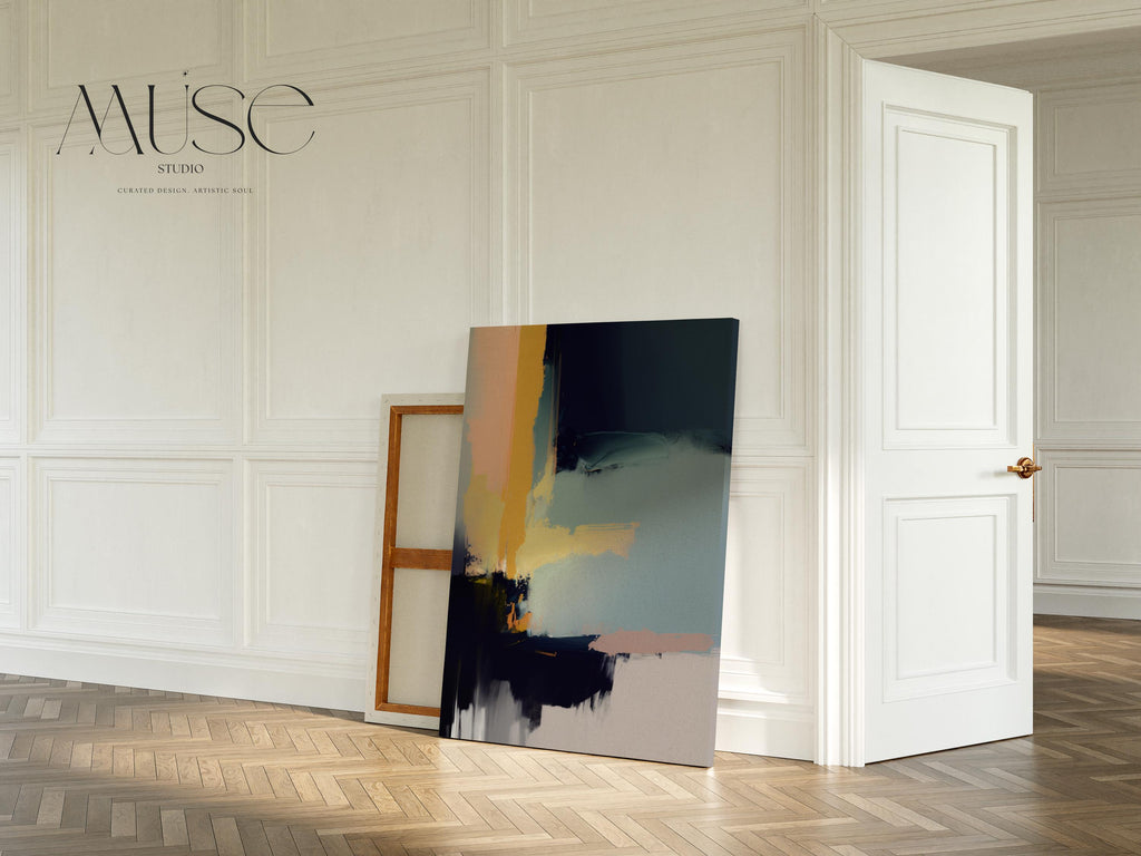 Horizontal navy blue abstract canvas wall art with bold minimalist styling, ideal for office or living room interiors. Available as a floating framed or gallery-wrapped canvas by Muse Studio.