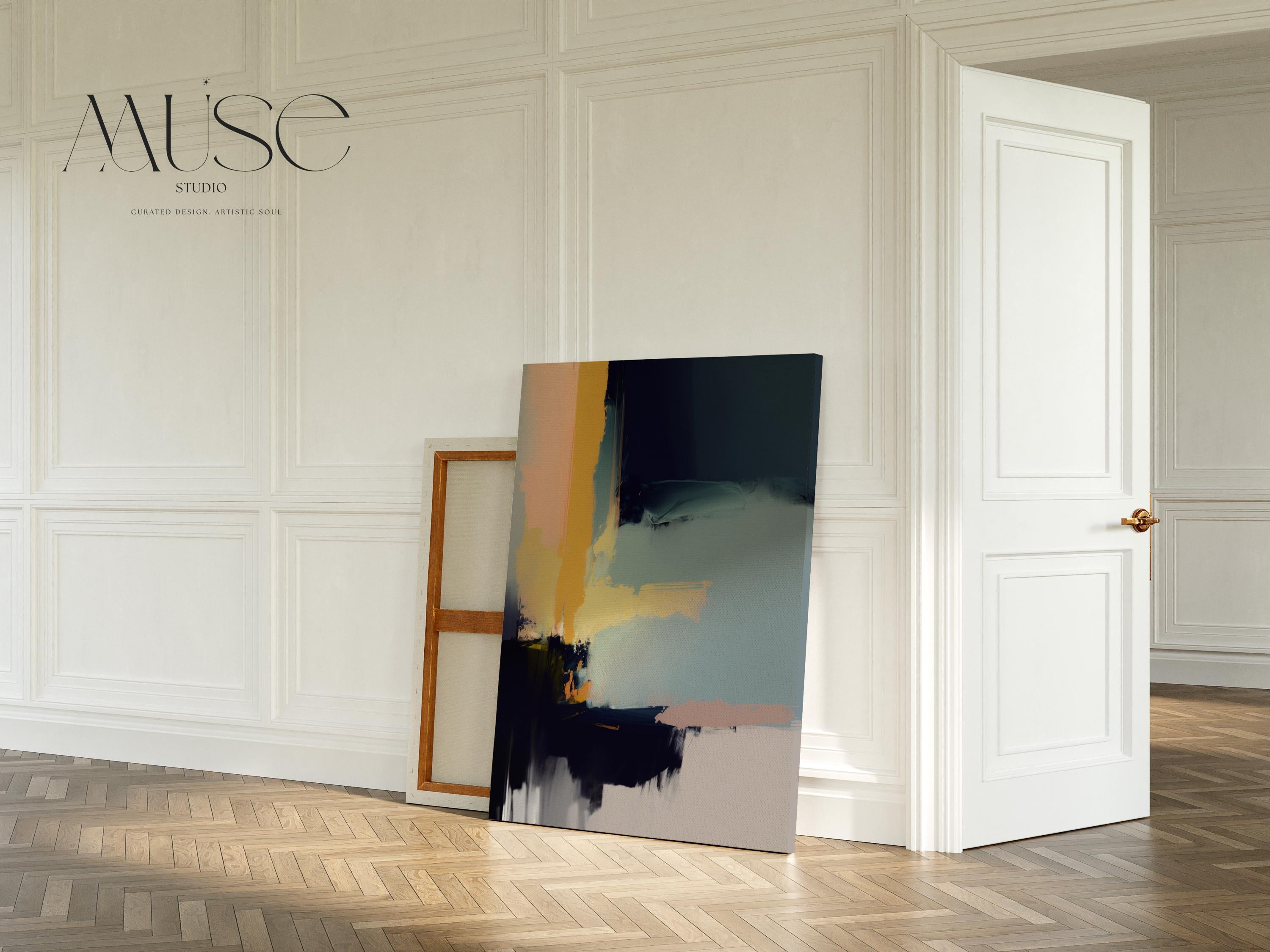 Horizontal navy blue abstract canvas wall art with bold minimalist styling, ideal for office or living room interiors. Available as a floating framed or gallery-wrapped canvas by Muse Studio.