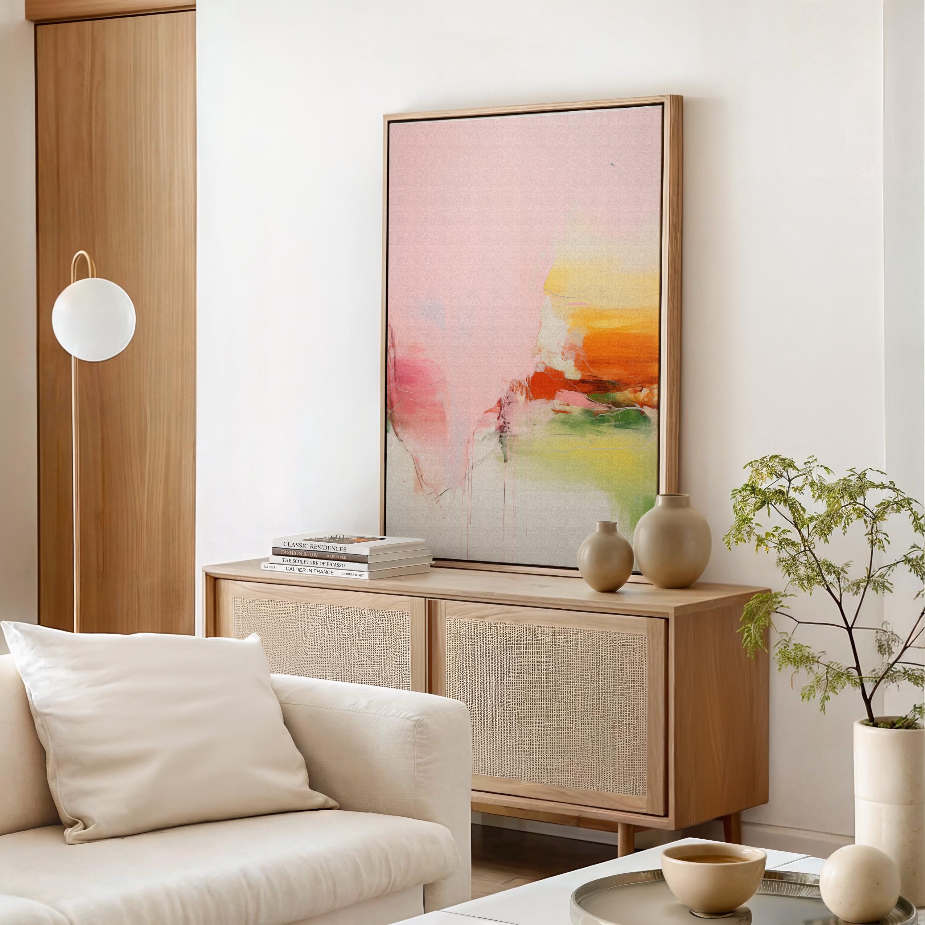 Vertical abstract wall art featuring soft blush pink, vibrant orange, and muted green tones displayed on a clean white wall. Light pastel contemporary canvas ideal for bright living rooms, bedrooms, or warm minimalist interiors. Available as framed wall art or canvas by Muse Studio.