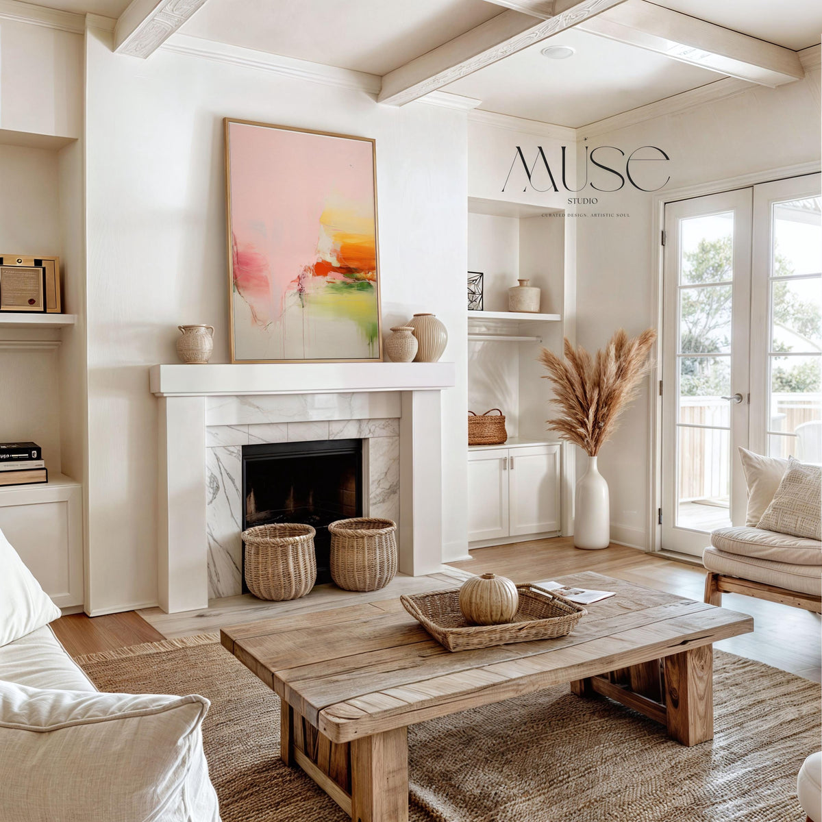 Vertical abstract wall art featuring soft blush pink, vibrant orange, and muted green tones displayed on a clean white wall. Light pastel contemporary canvas ideal for bright living rooms, bedrooms, or warm minimalist interiors. Available as framed wall art or canvas by Muse Studio.
