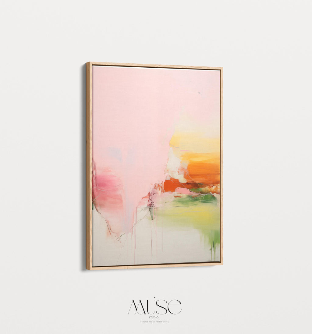 Vertical abstract wall art featuring soft blush pink, vibrant orange, and muted green tones displayed on a clean white wall. Light pastel contemporary canvas ideal for bright living rooms, bedrooms, or warm minimalist interiors. Available as framed wall art or canvas by Muse Studio.