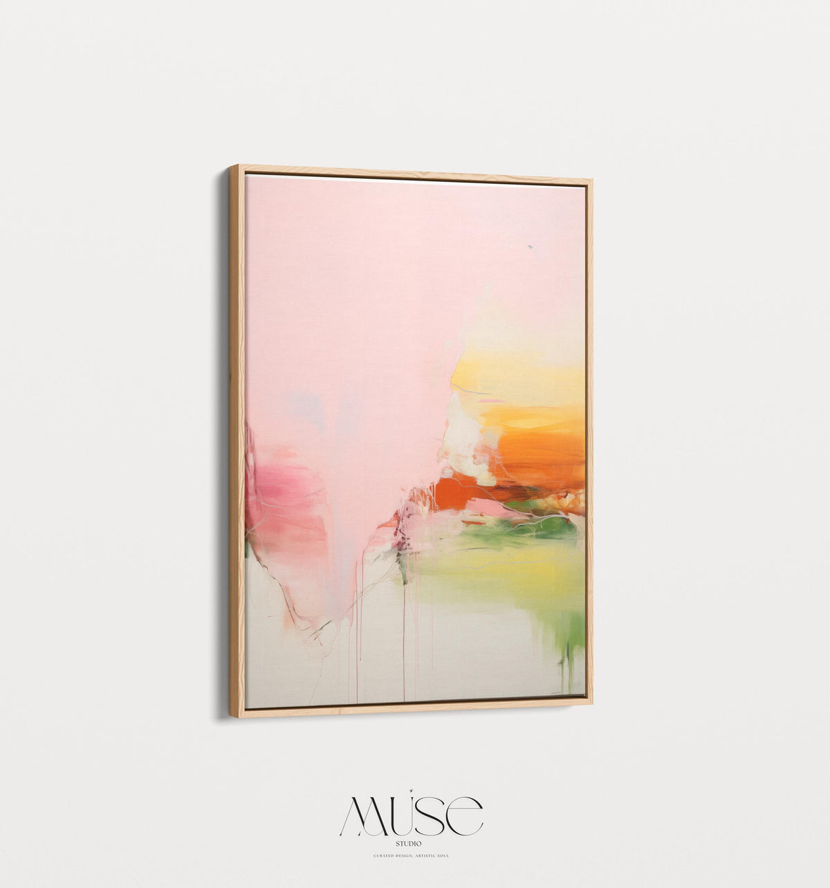 Vertical abstract wall art featuring soft blush pink, vibrant orange, and muted green tones displayed on a clean white wall. Light pastel contemporary canvas ideal for bright living rooms, bedrooms, or warm minimalist interiors. Available as framed wall art or canvas by Muse Studio.