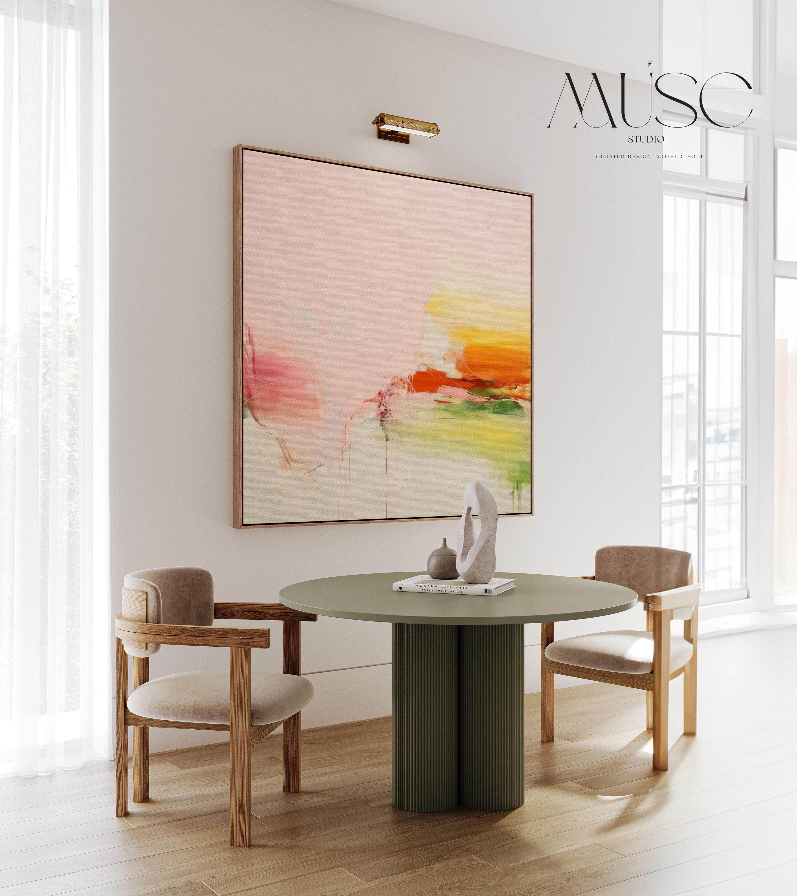 Framed Abstract Canvas Art Pink Yellow Green Modern Painting Warm Minimalist Decor for Dining Room or Office Wall Art 292