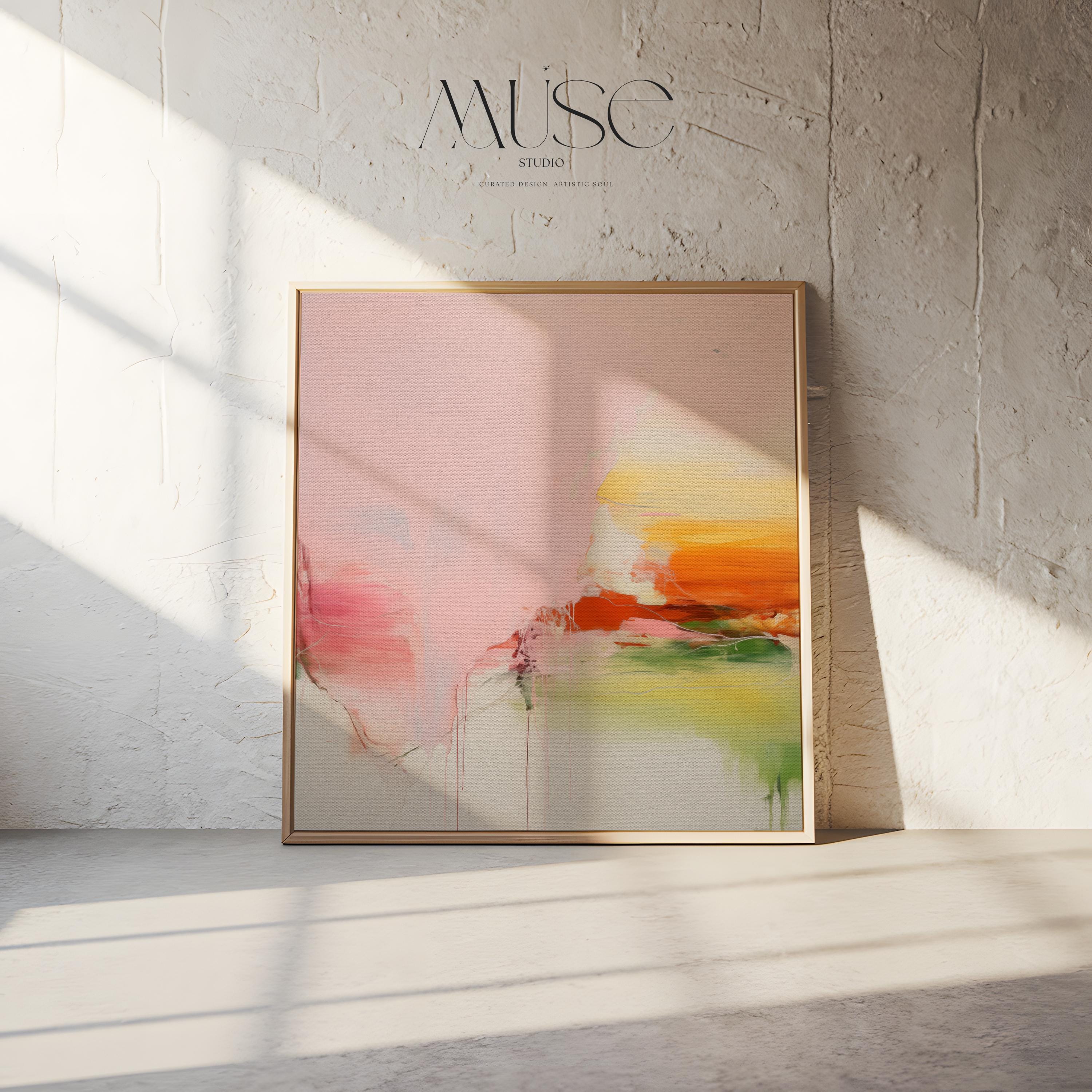 Framed Abstract Canvas Art Pink Yellow Green Modern Painting Warm Minimalist Decor for Dining Room or Office Wall Art 292