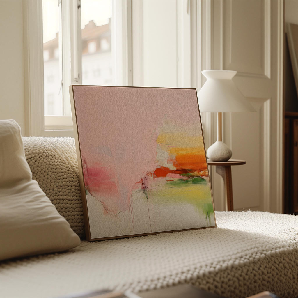 Framed Abstract Canvas Art Pink Yellow Green Modern Painting Warm Minimalist Decor for Dining Room or Office Wall Art 292