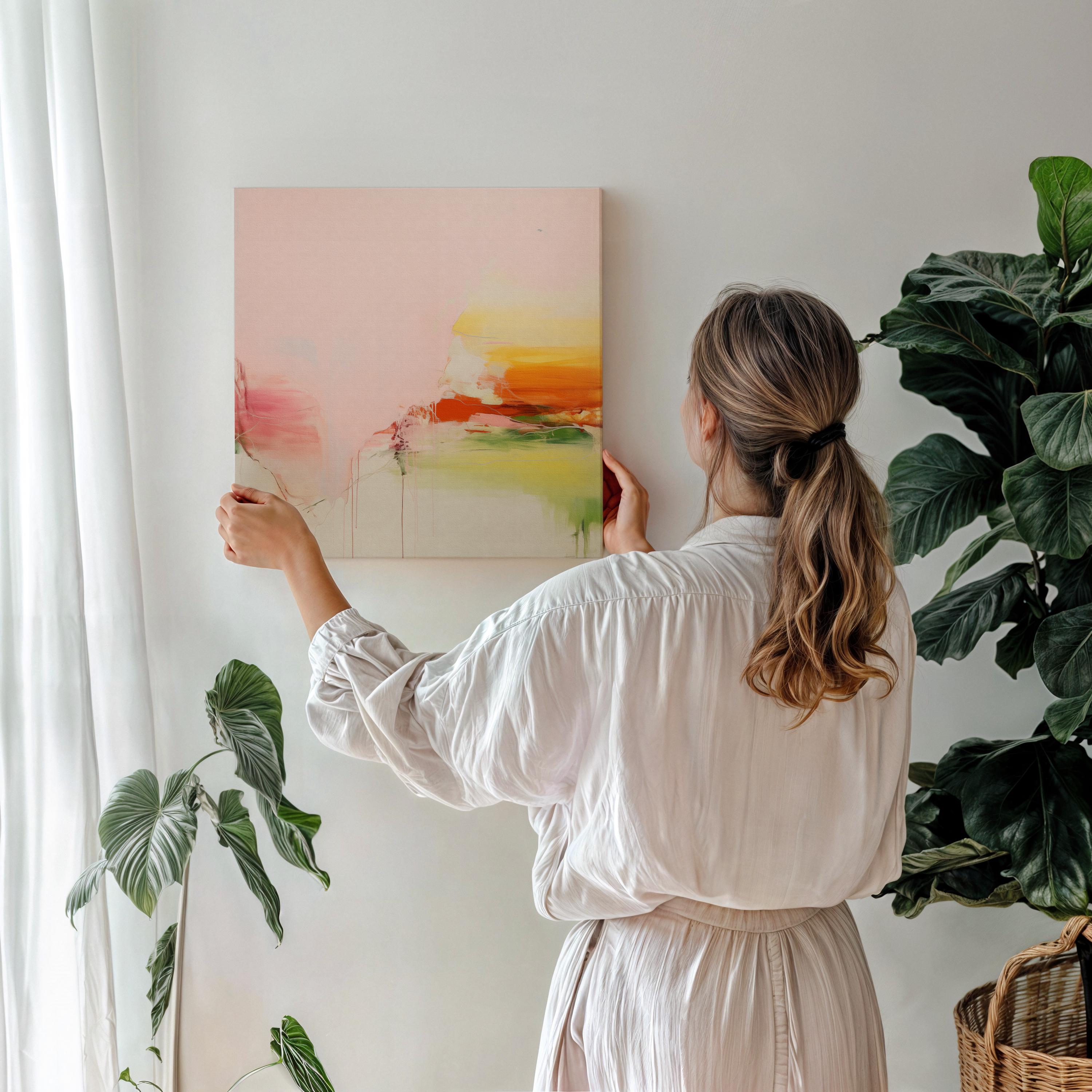 Large Canvas Wall Art Pink Yellow Green Abstract Painting Warm Minimalist Decor for Dining Room Entryway or Modern Home Space 292