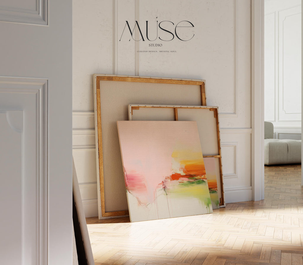 Large Canvas Wall Art Pink Yellow Green Abstract Painting Warm Minimalist Decor for Dining Room Entryway or Modern Home Space 292