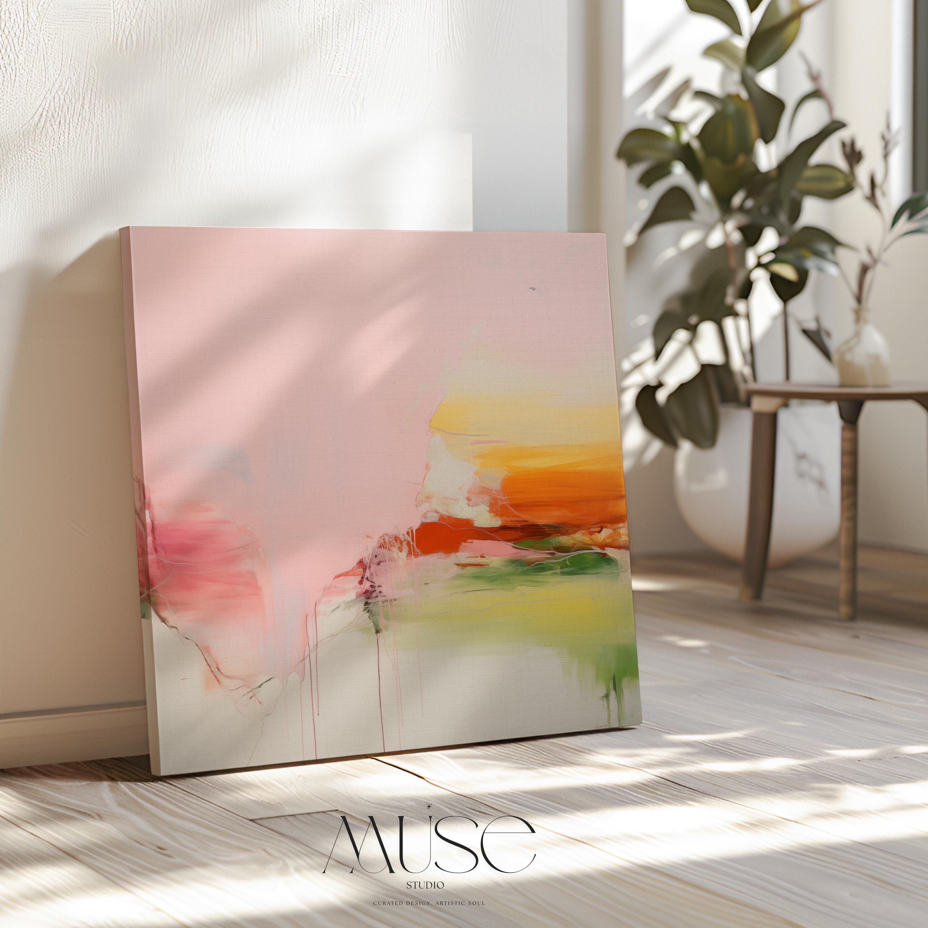 Large Canvas Wall Art Pink Yellow Green Abstract Painting Warm Minimalist Decor for Dining Room Entryway or Modern Home Space 292