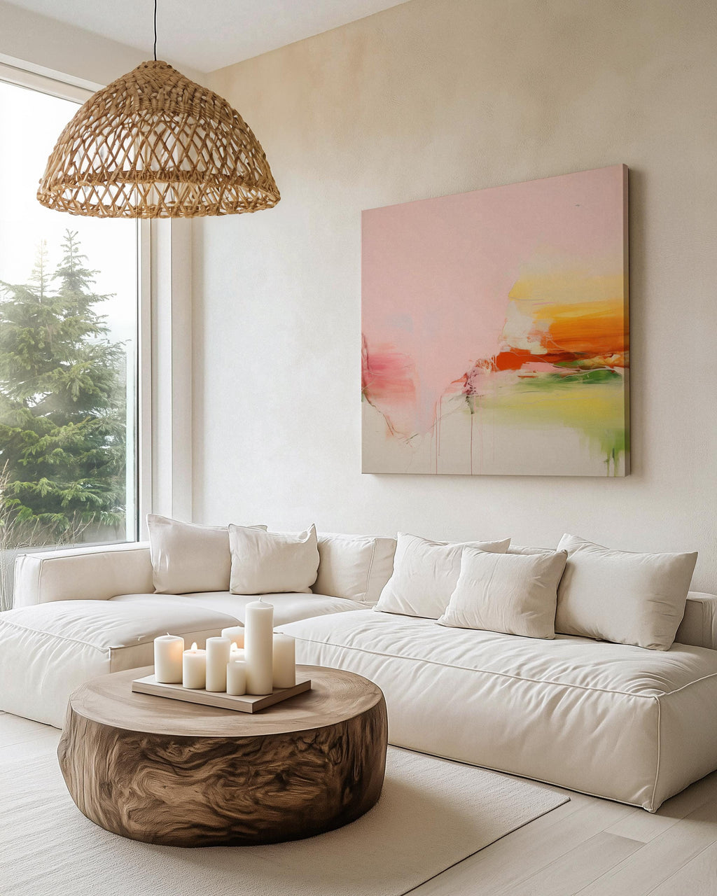 Large Canvas Wall Art Pink Yellow Green Abstract Painting Warm Minimalist Decor for Dining Room Entryway or Modern Home Space 292