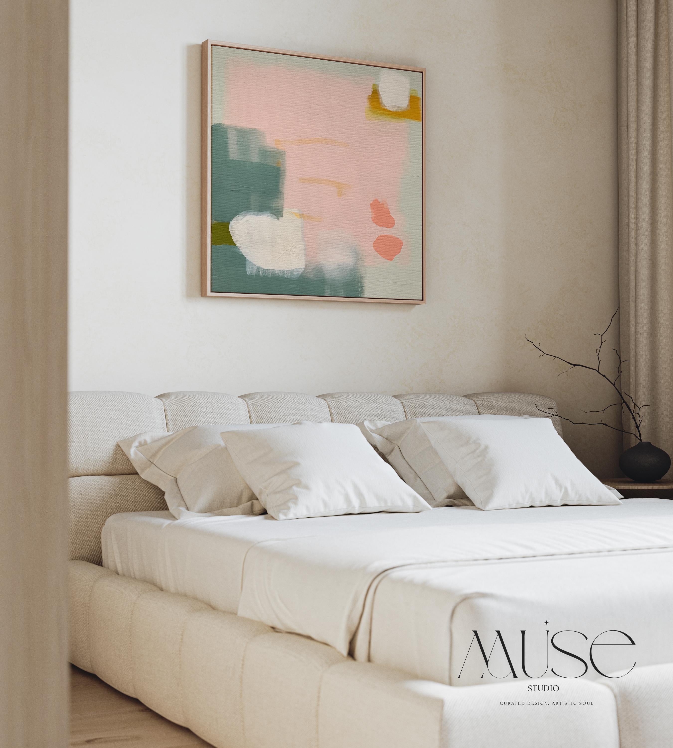 Framed Abstract Canvas Art Blush Pink Sage Green Soft Modern Painting for Neutral Bedroom Decor or Calm Contemporary Wall Style 361