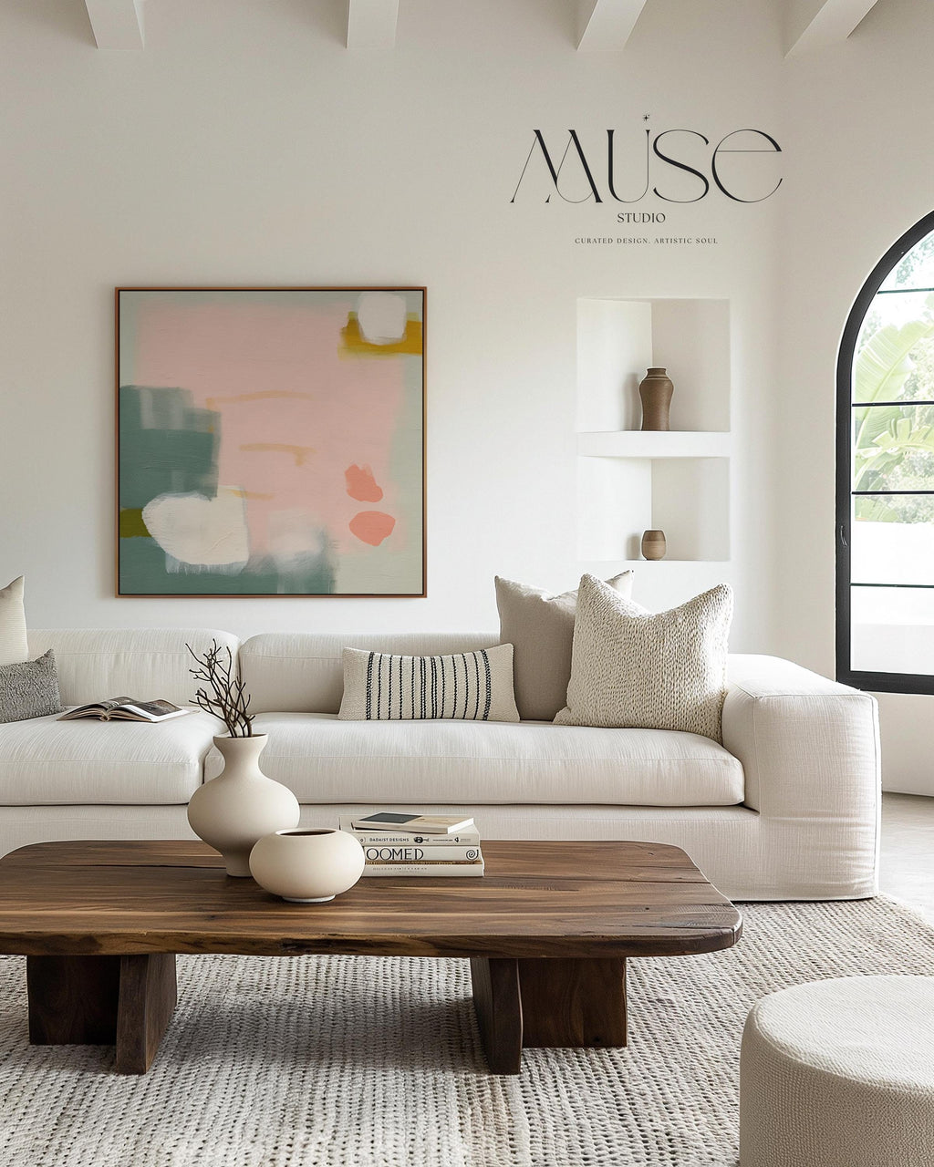 Framed Abstract Canvas Art Blush Pink Sage Green Soft Modern Painting for Neutral Bedroom Decor or Calm Contemporary Wall Style 361