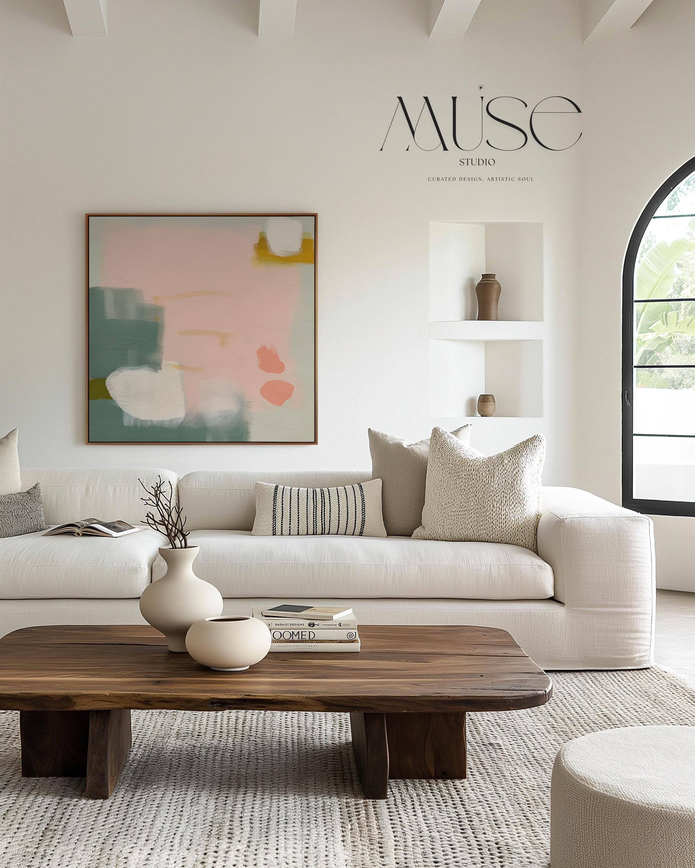 Framed Abstract Canvas Art Blush Pink Sage Green Soft Modern Painting for Neutral Bedroom Decor or Calm Contemporary Wall Style 361