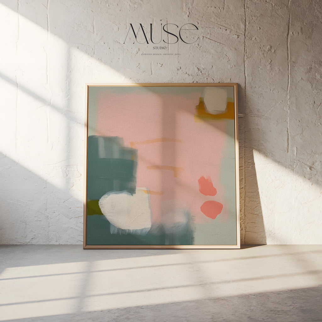 Framed Abstract Canvas Art Blush Pink Sage Green Soft Modern Painting for Neutral Bedroom Decor or Calm Contemporary Wall Style 361
