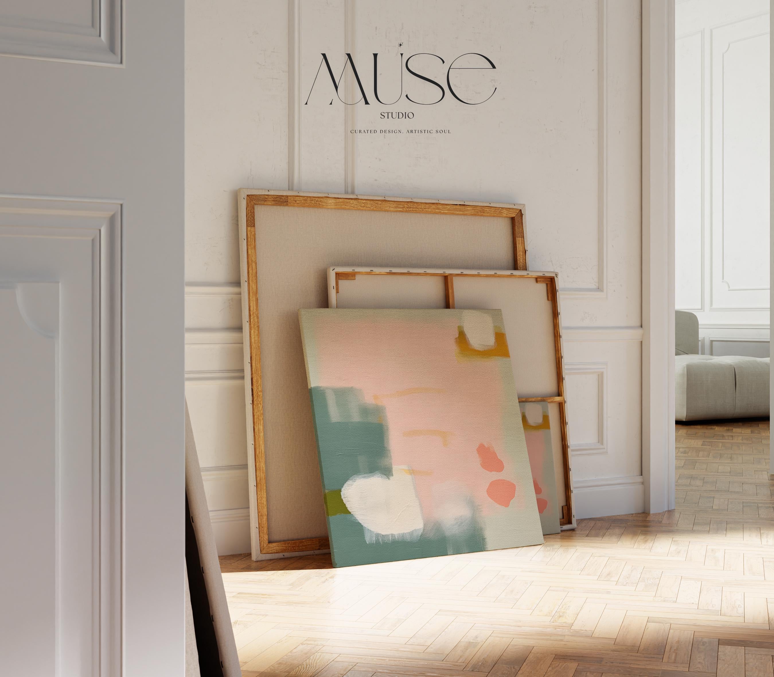 Blush and sage abstract artwork by Muse Studio & Co. printed with archival giclée inks on gallery-wrapped canvas, custom produced in square large wall art sizes, designed for soft contemporary and warm minimalist interiors.