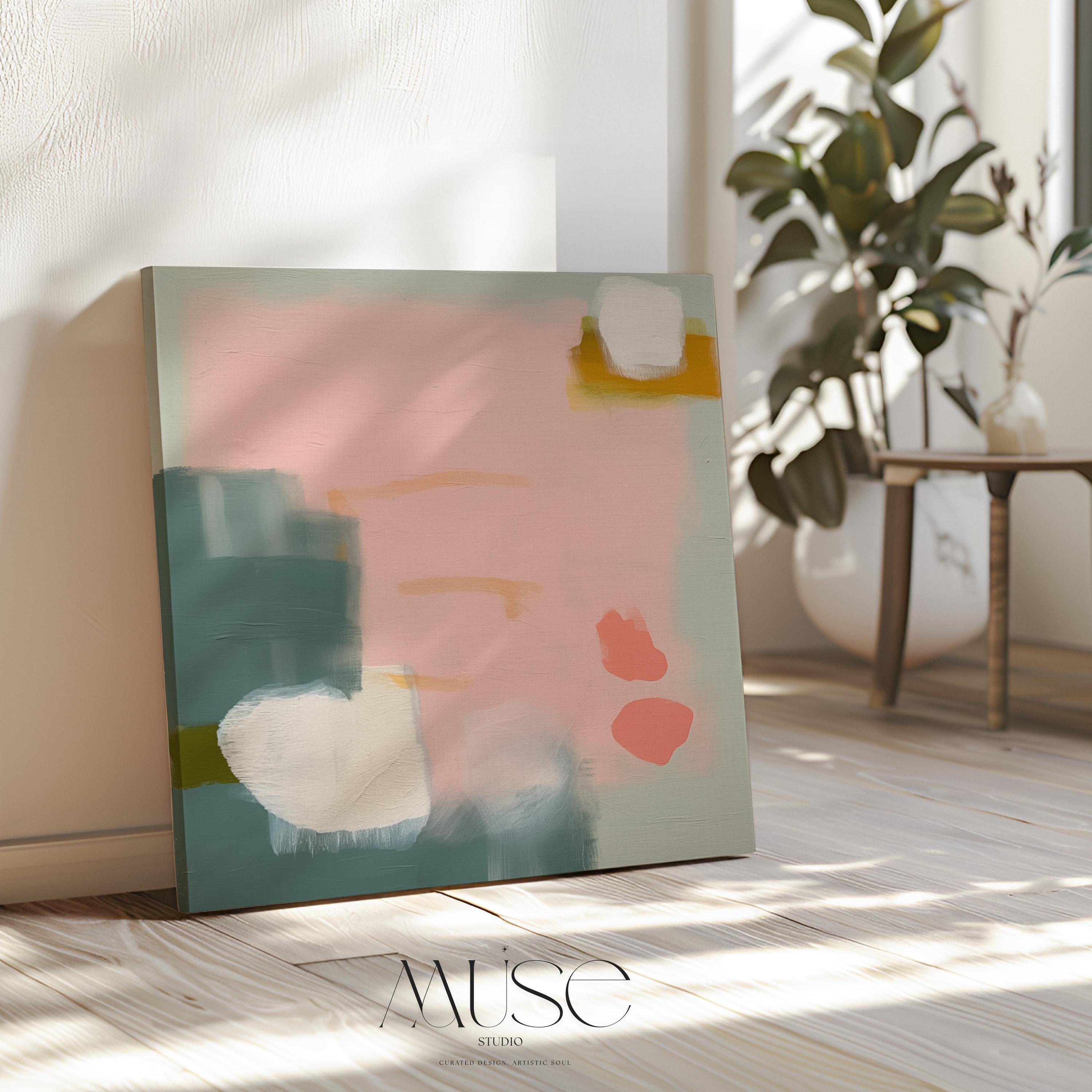 Blush and sage abstract artwork by Muse Studio & Co. printed with archival giclée inks on gallery-wrapped canvas, custom produced in square large wall art sizes, designed for soft contemporary and warm minimalist interiors.