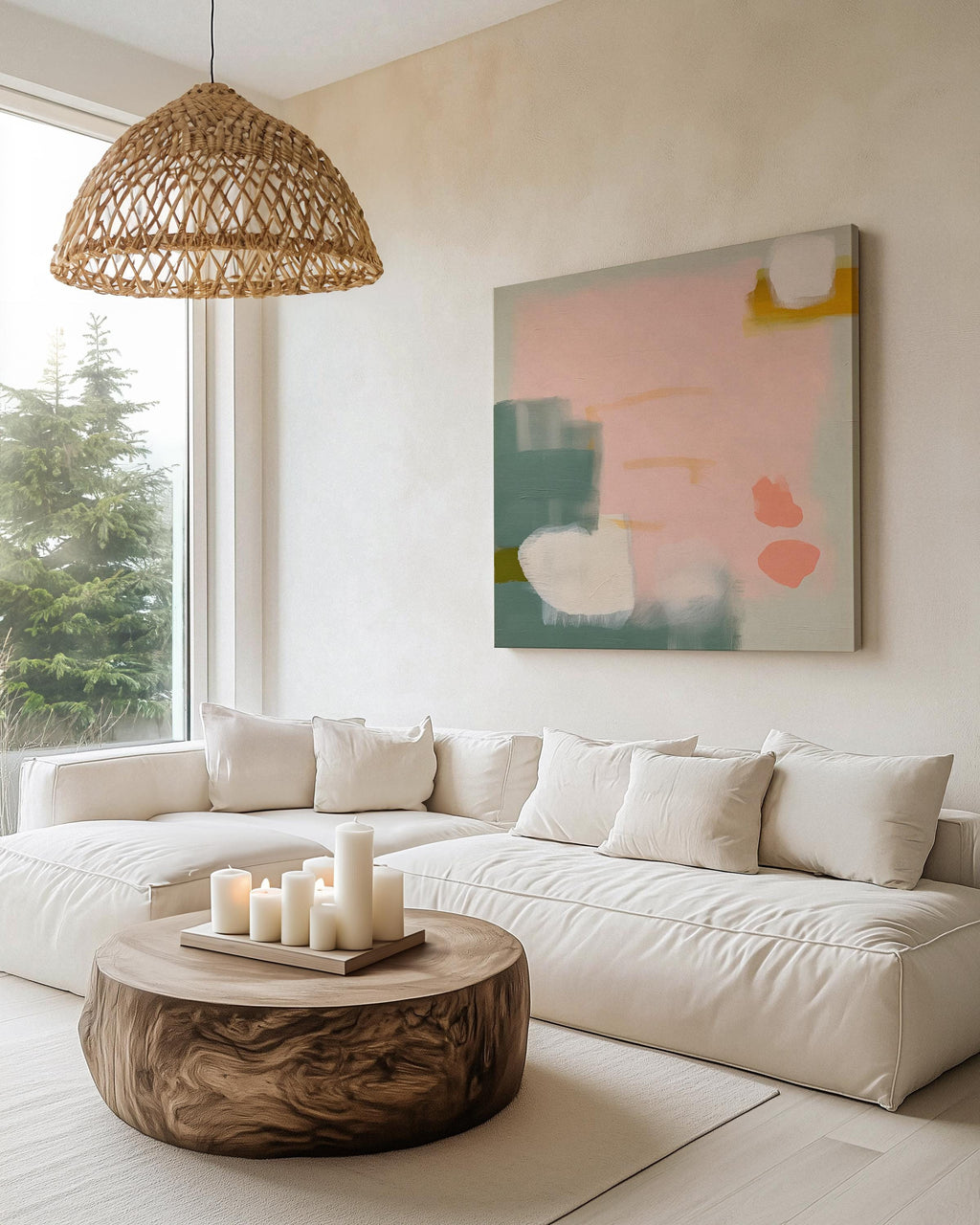 Blush and sage abstract artwork by Muse Studio & Co. printed with archival giclée inks on gallery-wrapped canvas, custom produced in square large wall art sizes, designed for soft contemporary and warm minimalist interiors.