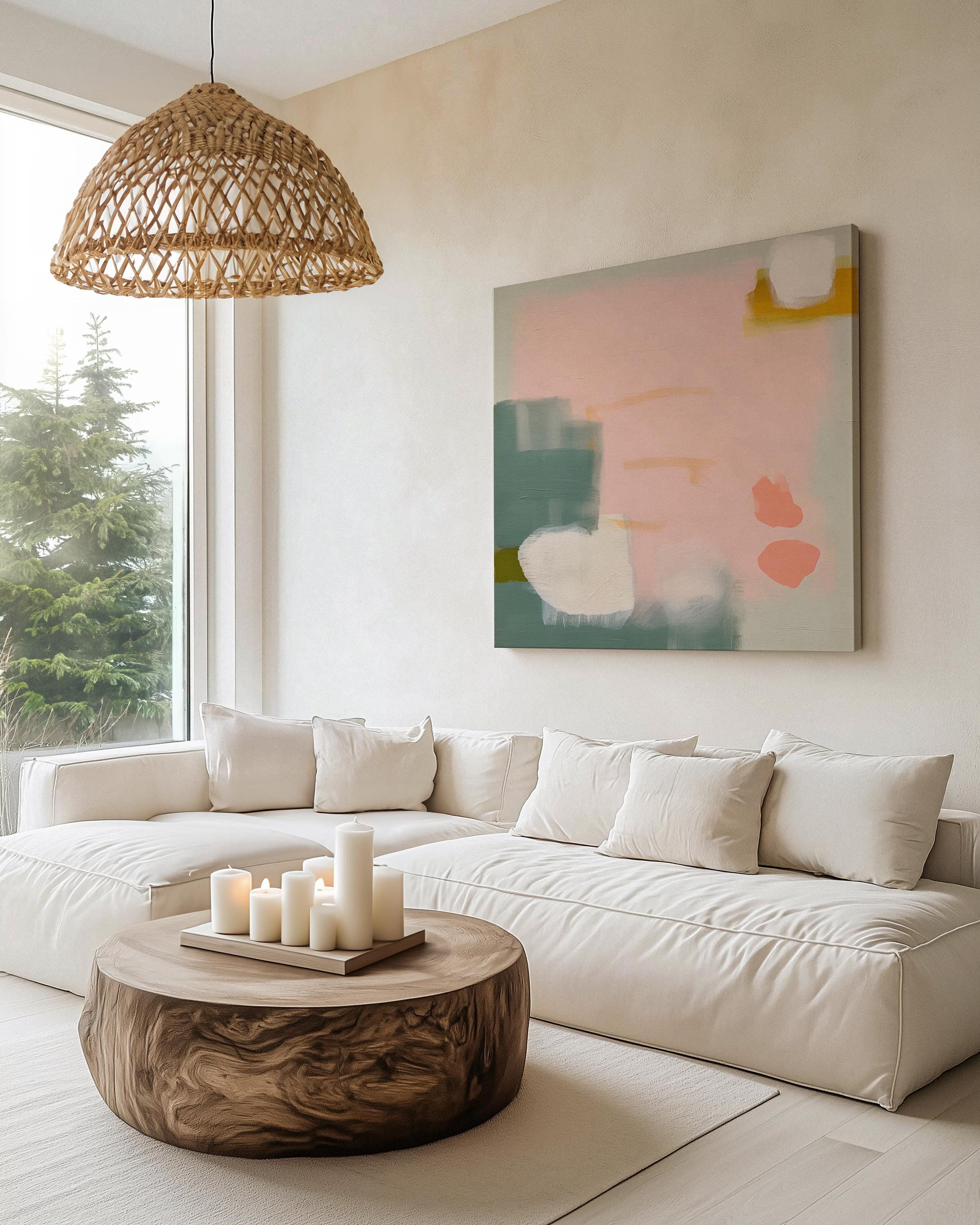 Blush and sage abstract artwork by Muse Studio & Co. printed with archival giclée inks on gallery-wrapped canvas, custom produced in square large wall art sizes, designed for soft contemporary and warm minimalist interiors.