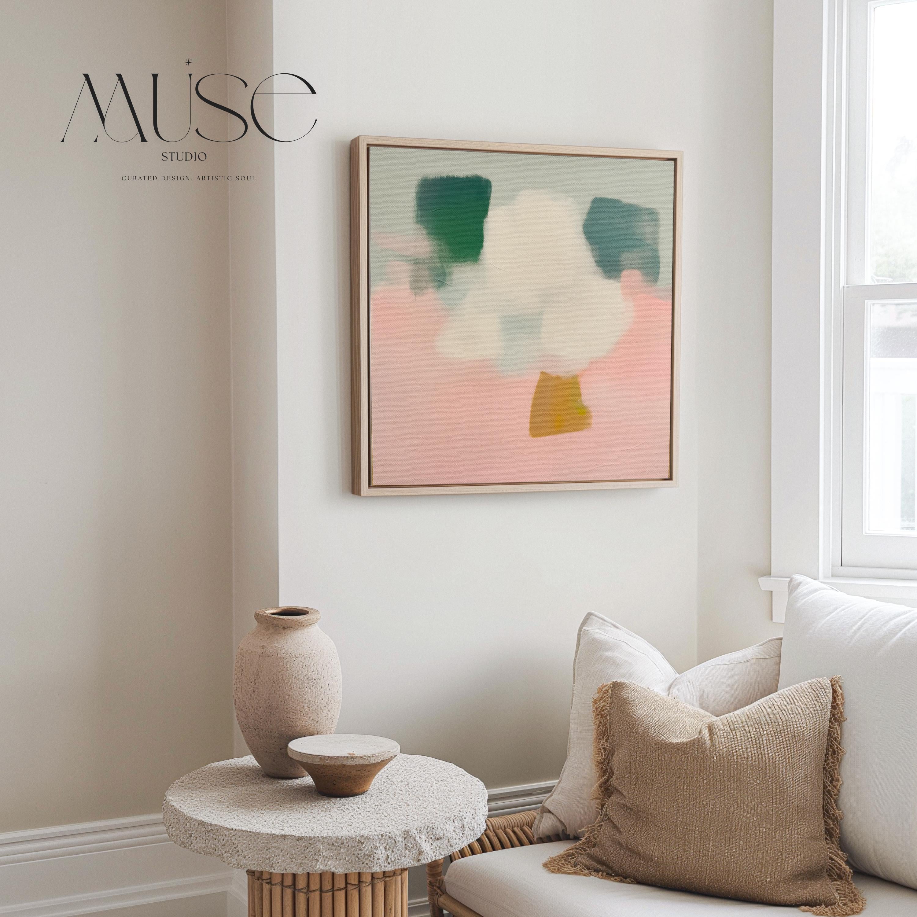 Framed Abstract Canvas Art Pink Yellow Green Modern Painting Warm Minimalist Decor for Dining Room or Office Wall Art 292