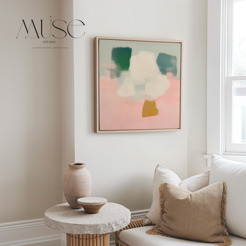 Framed Abstract Canvas Art Pink Yellow Green Modern Painting Warm Minimalist Decor for Dining Room or Office Wall Art 292 Framed Canvas Art Colorful abstract wall art on framed canvas, perfect for bold decor art and modern wall decor. Large statement piece with expressive brushstrokes and rich textures. Ready-to-hang giclée canvas designed to energize living rooms, offices, bedrooms and curated interiors. Muse Studio Decor Art.