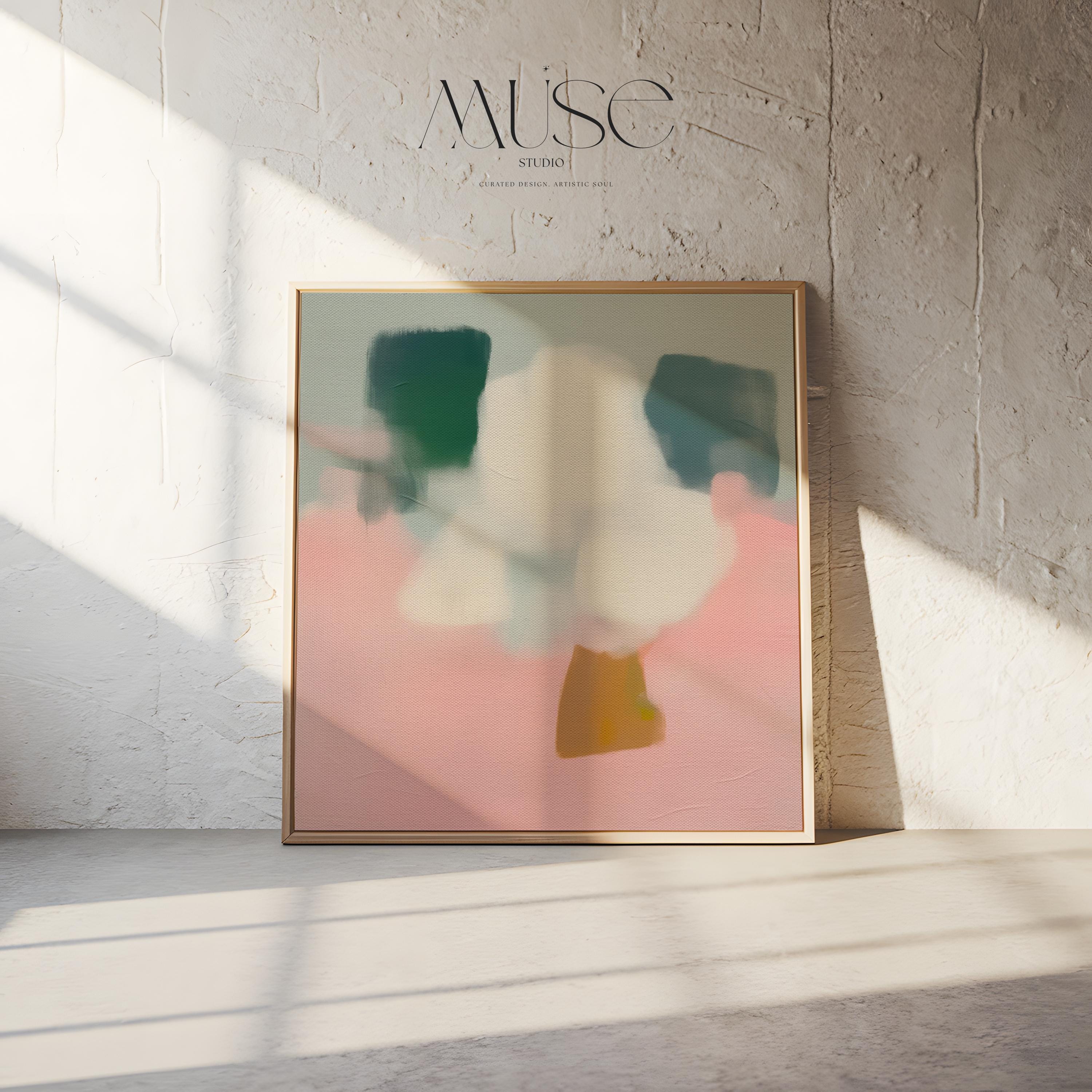 Framed Abstract Canvas Art Pink Yellow Green Modern Painting Warm Minimalist Decor for Dining Room or Office Wall Art 292
