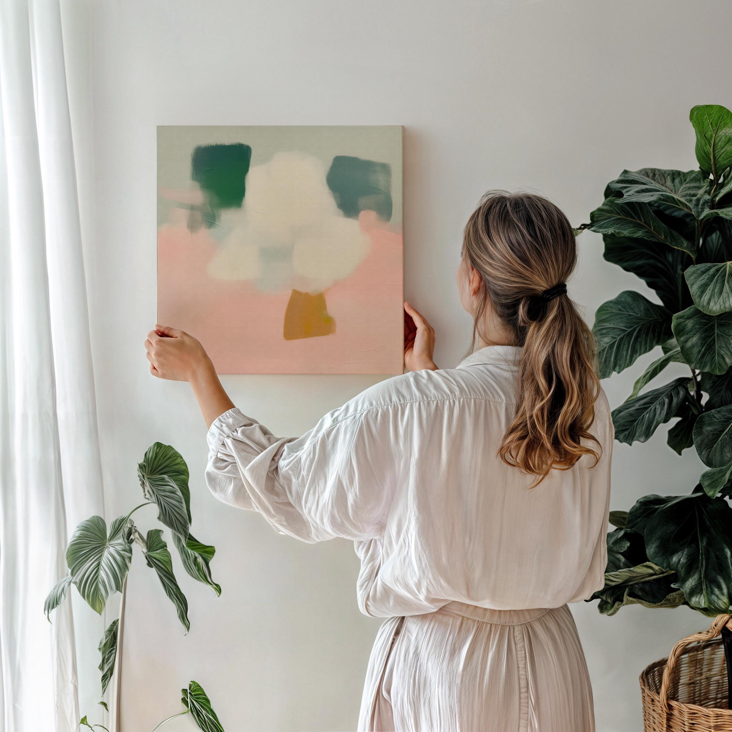Large Canvas Wall Art Pink Green White Abstract Painting for Soft Minimalist Decor Neutral Organic Bedroom or Modern Home Style 362 Stretched Canvas Art Large abstract wall decor on stretched canvas, gallery-wrapped and ready to hang. Perfect for colorful wall art in living rooms, office spaces, and design projects. Giclée canvas print with bold brushwork and vibrant modern style for impactful home decor. Muse Studio Decor Art.