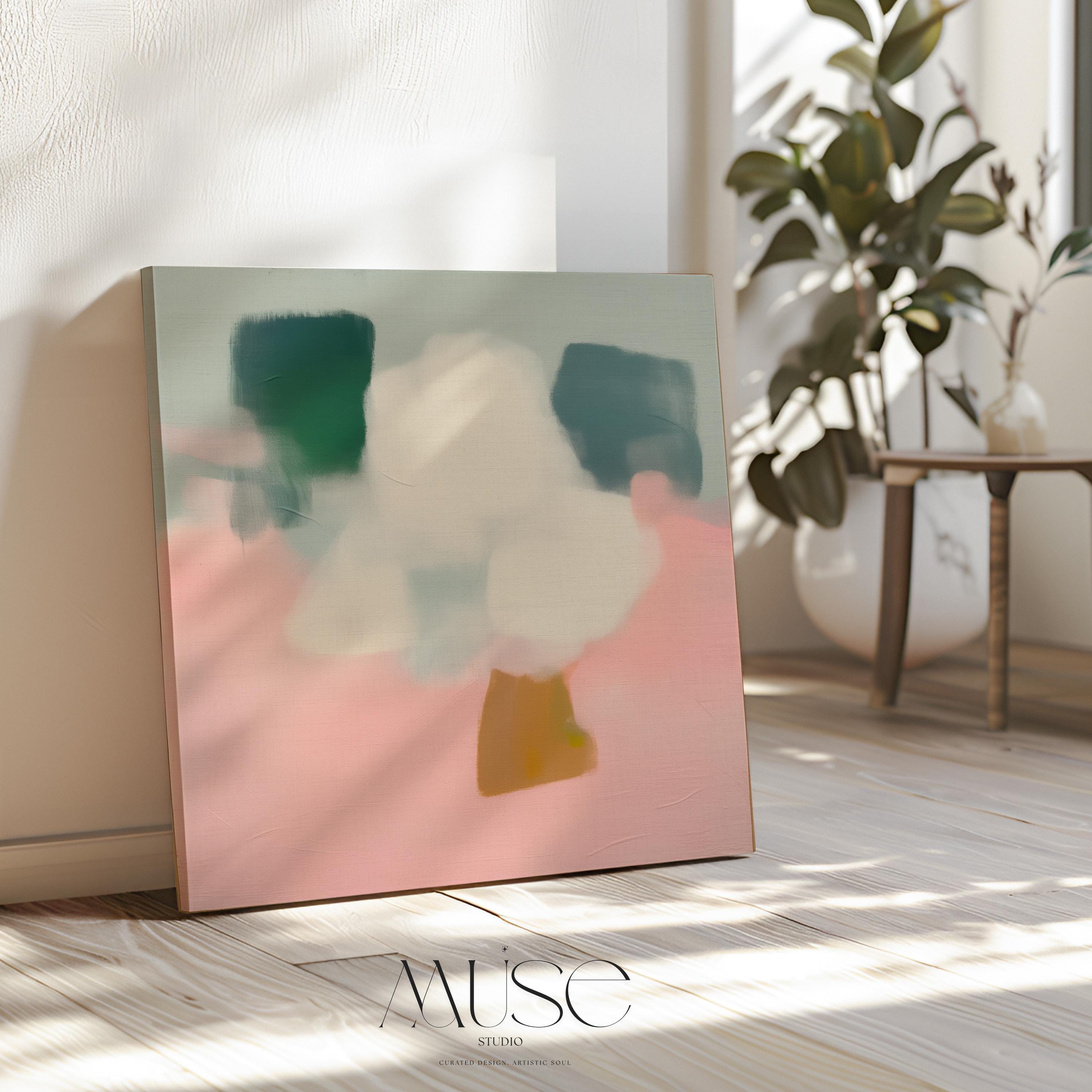 Large Canvas Wall Art Pink Green White Abstract Painting for Soft Minimalist Decor Neutral Organic Bedroom or Modern Home Style 362 Stretched Canvas Art Large abstract wall decor on stretched canvas, gallery-wrapped and ready to hang. Perfect for colorful wall art in living rooms, office spaces, and design projects. Giclée canvas print with bold brushwork and vibrant modern style for impactful home decor. Muse Studio Decor Art.