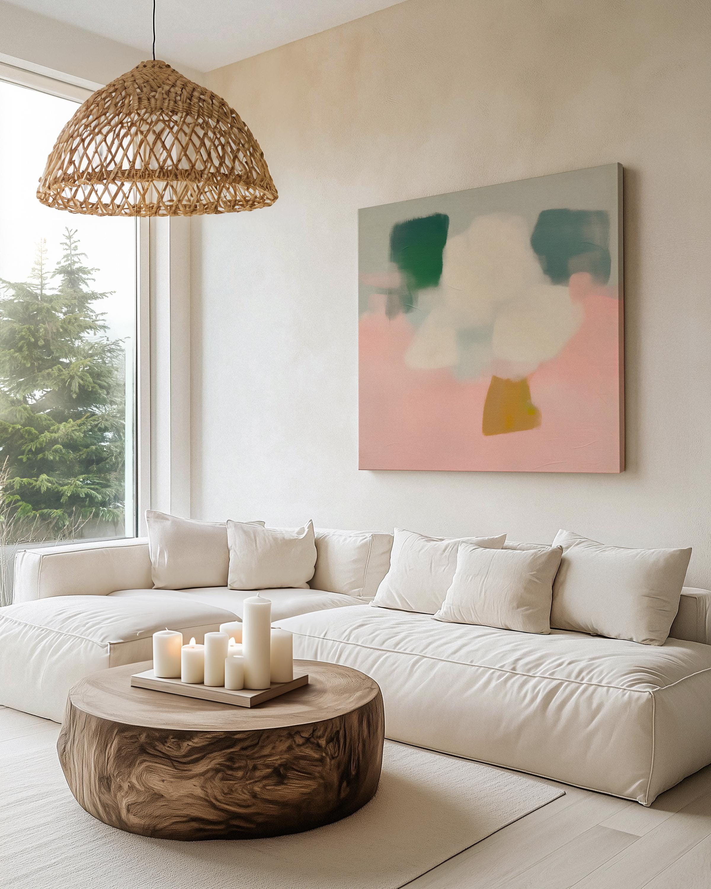 Large Canvas Wall Art Pink Green White Abstract Painting for Soft Minimalist Decor Neutral Organic Bedroom or Modern Home Style 362