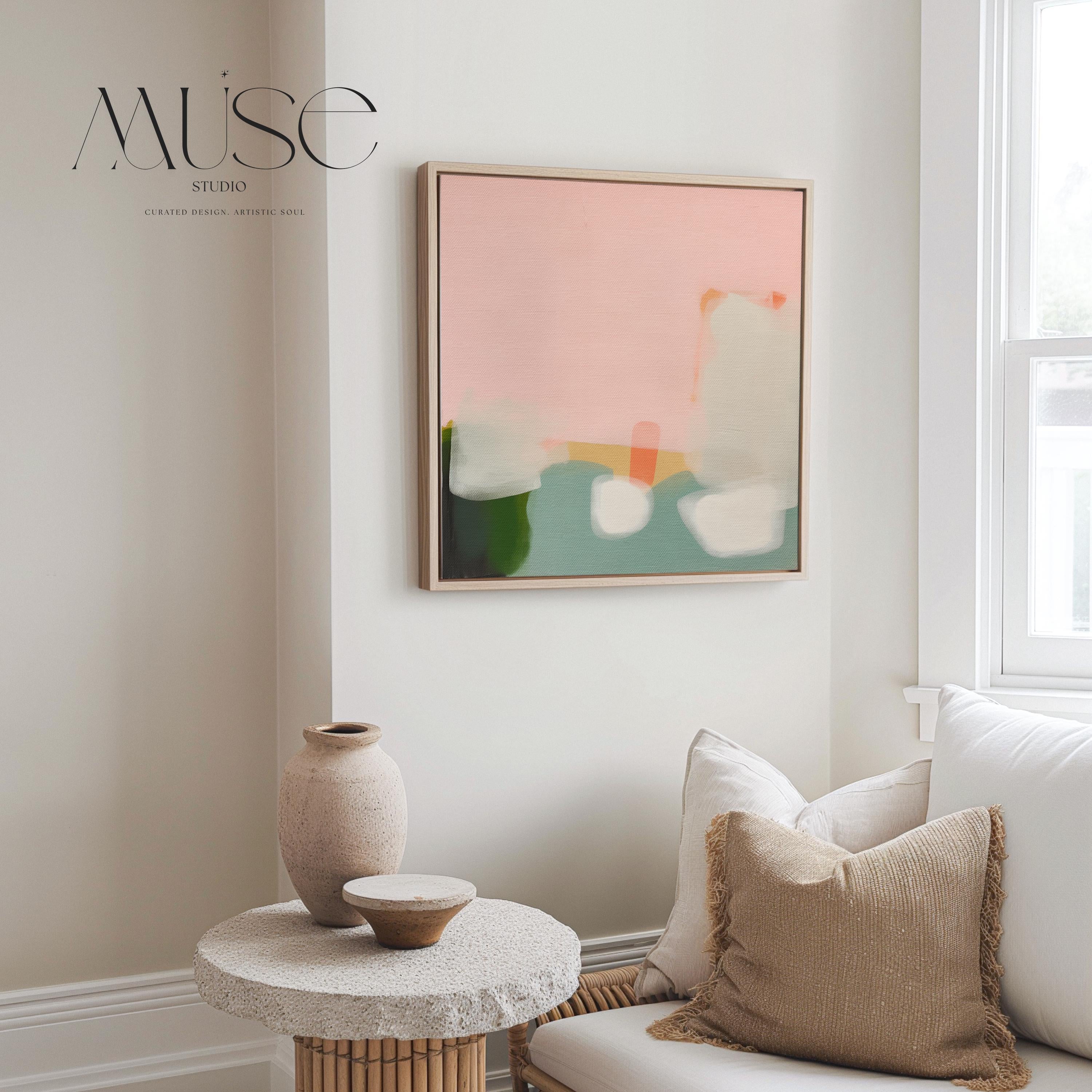 Framed Wall Art Soft Abstract Painting in Pink Green White for Neutral Organic Bedroom or Modern Living Room Decor Muse Studio 363 Framed Canvas Art Colorful abstract wall art on framed canvas, perfect for bold decor art and modern wall decor. Large statement piece with expressive brushstrokes and rich textures. Ready-to-hang giclée canvas designed to energize living rooms, offices, bedrooms and curated interiors. Muse Studio Decor Art.