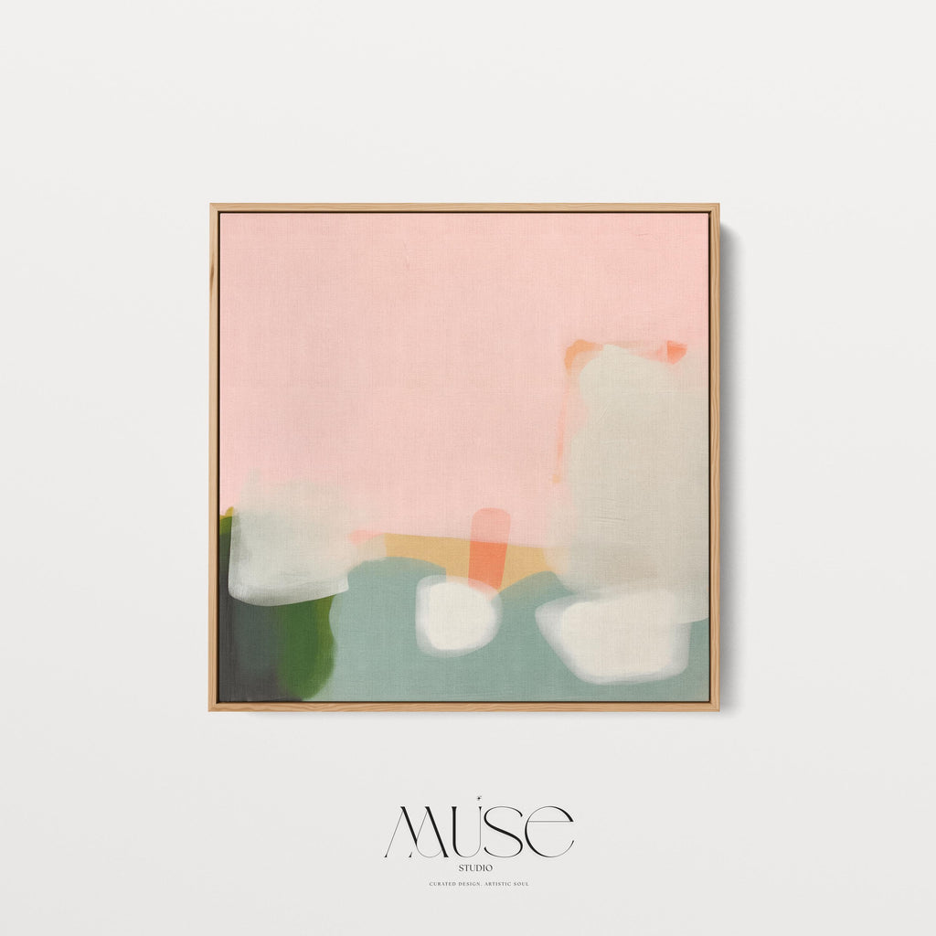 Framed Wall Art Soft Abstract Painting in Pink Green White for Neutral Organic Bedroom or Modern Living Room Decor Muse Studio 363 Framed Canvas Art Colorful abstract wall art on framed canvas, perfect for bold decor art and modern wall decor. Large statement piece with expressive brushstrokes and rich textures. Ready-to-hang giclée canvas designed to energize living rooms, offices, bedrooms and curated interiors. Muse Studio Decor Art.