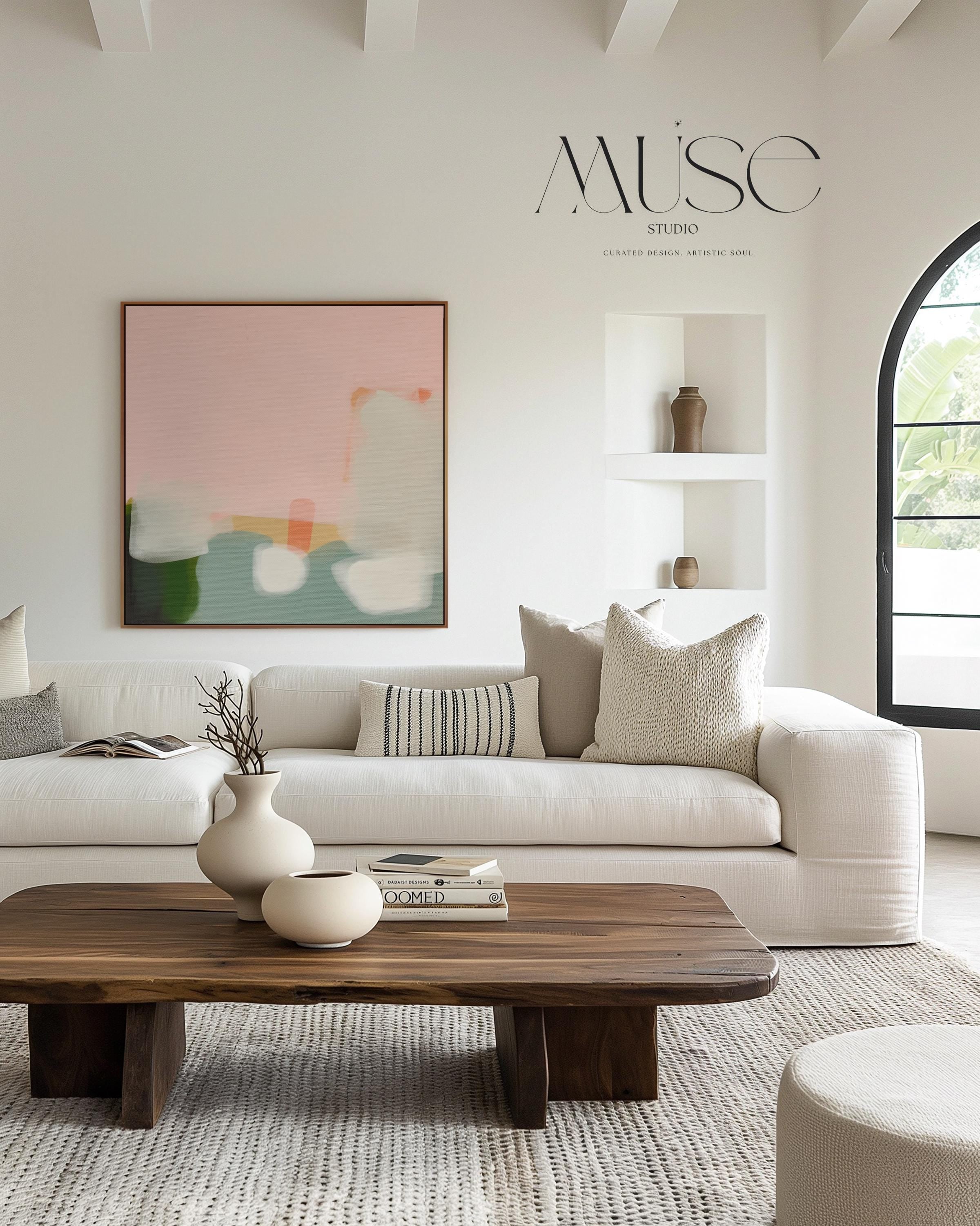 Framed Wall Art Soft Abstract Painting in Pink Green White for Neutral Organic Bedroom or Modern Living Room Decor Muse Studio 363