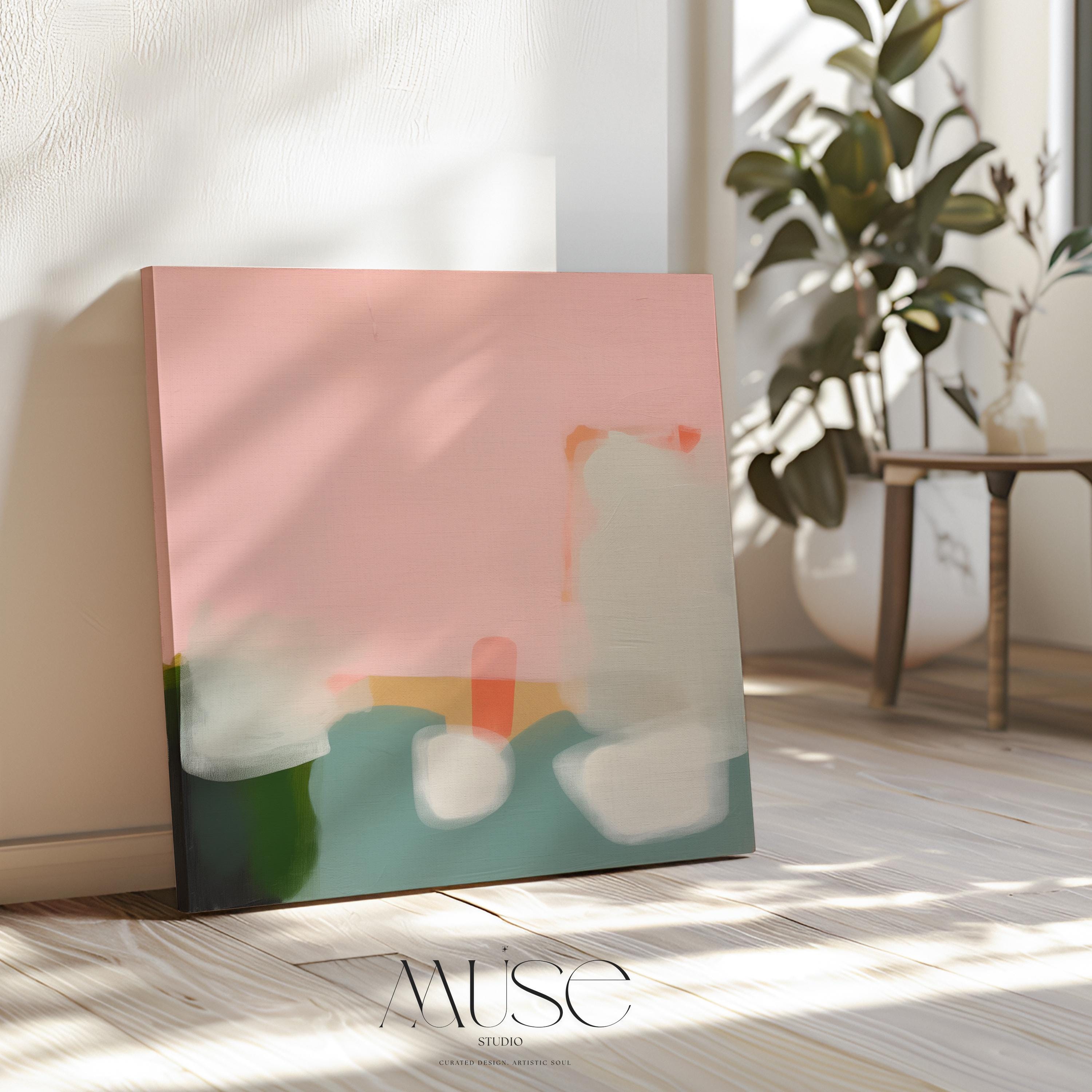 Large Canvas Wall Art Soft Abstract Painting in Blush Green and Ivory for Modern Minimalist Living Room Decor Muse Studio Art 363 Stretched Canvas Art Large abstract wall decor on stretched canvas, gallery-wrapped and ready to hang. Perfect for colorful wall art in living rooms, office spaces, and design projects. Giclée canvas print with bold brushwork and vibrant modern style for impactful home decor. Muse Studio Decor Art.