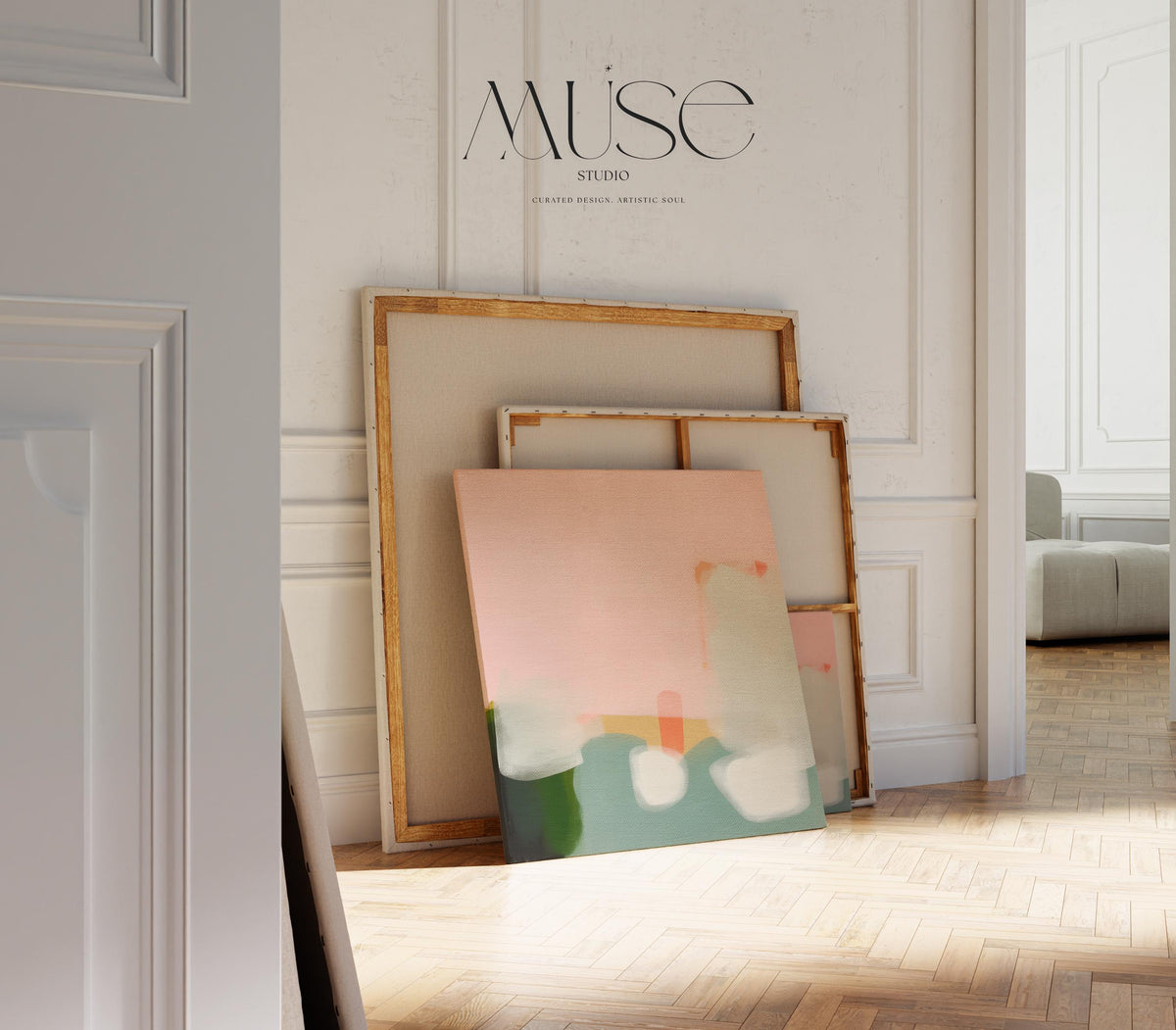 Large Canvas Wall Art Soft Abstract Painting in Blush Green and Ivory for Modern Minimalist Living Room Decor Muse Studio Art 363 Stretched Canvas Art Large abstract wall decor on stretched canvas, gallery-wrapped and ready to hang. Perfect for colorful wall art in living rooms, office spaces, and design projects. Giclée canvas print with bold brushwork and vibrant modern style for impactful home decor. Muse Studio Decor Art.